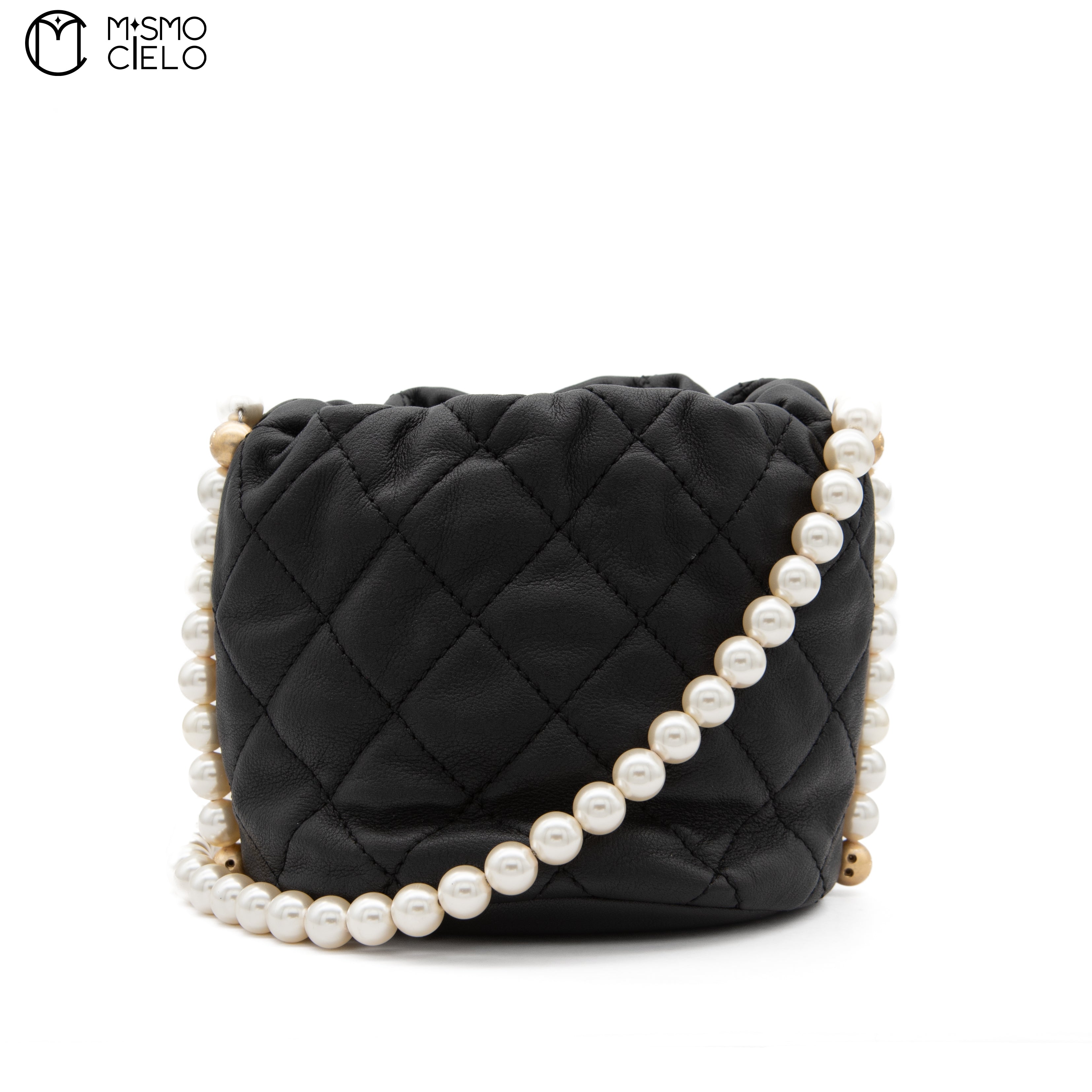 Matelasse Lambskin Drawstring Pearl Chain Pouch