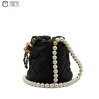 Matelasse Lambskin Drawstring Pearl Chain Pouch