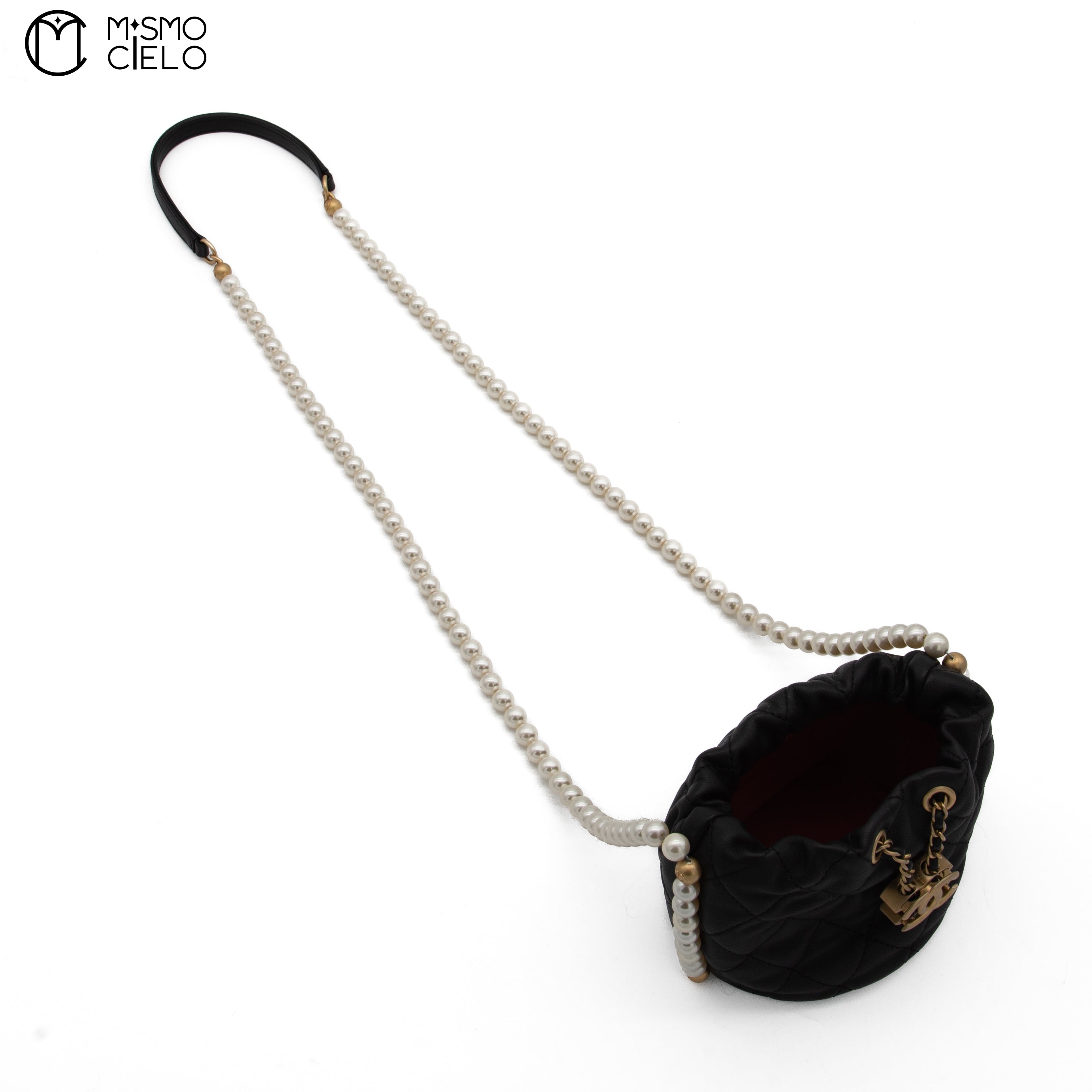 Matelasse Lambskin Drawstring Pearl Chain Pouch