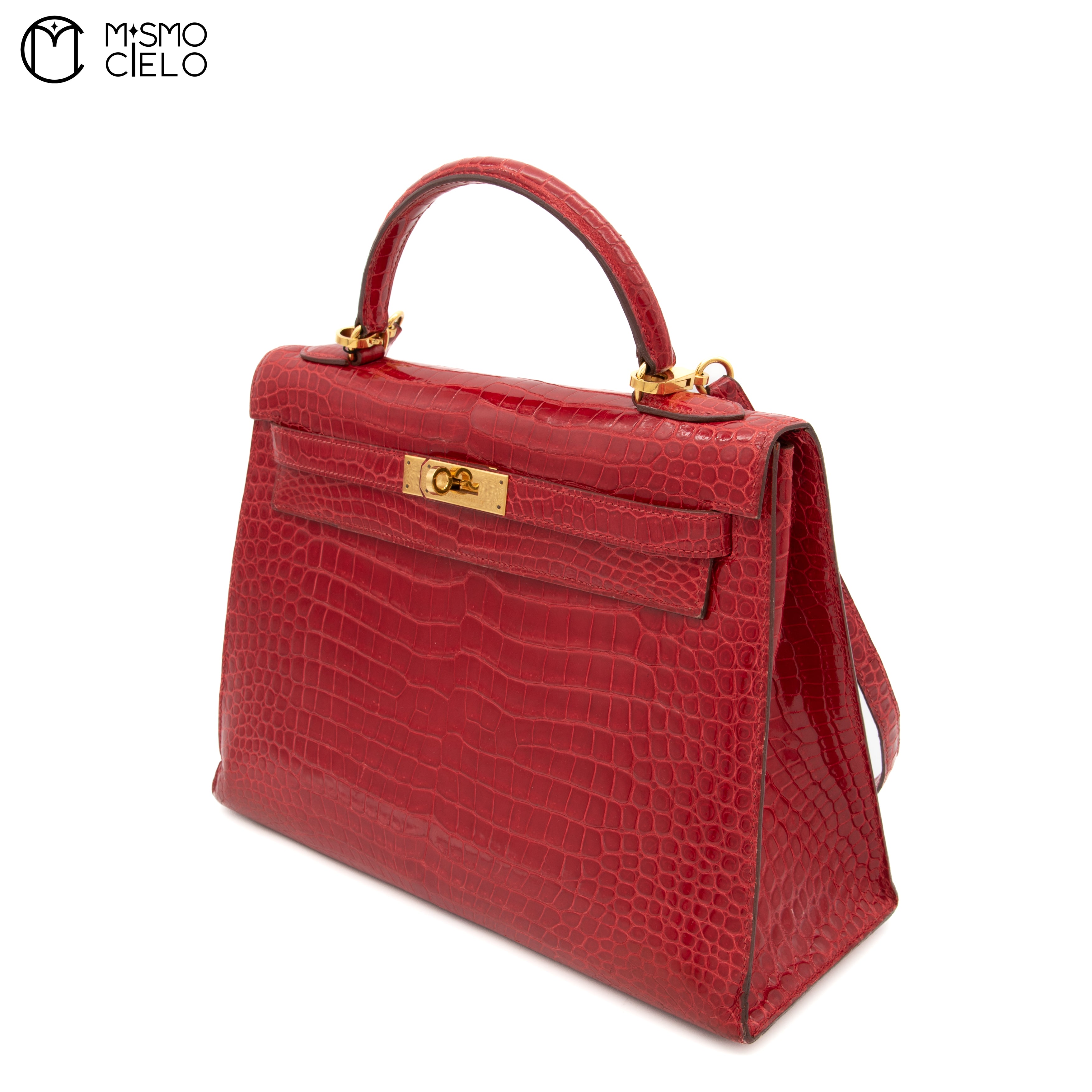 Kelly 32 Porosus Red Blaze and Gold Metallic Crocodile Bag O Y series (Authenticated)