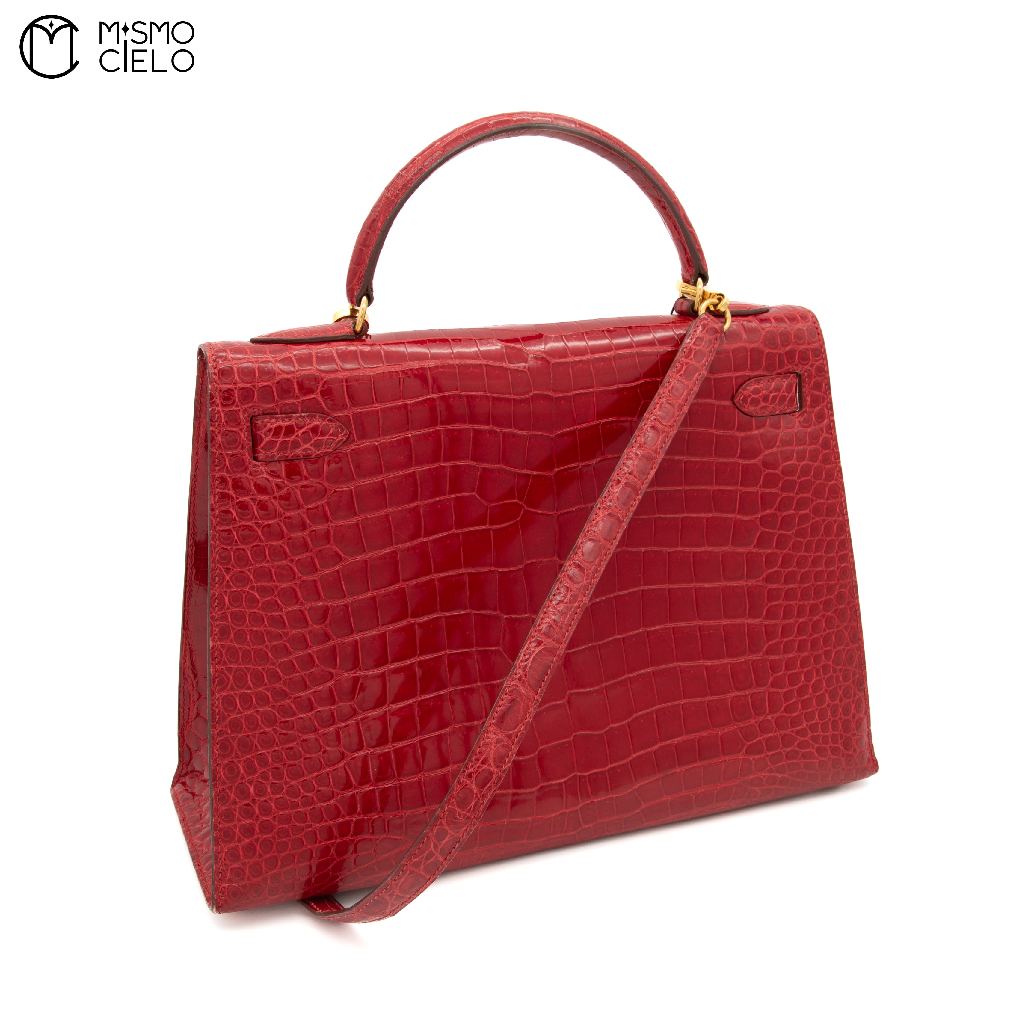 Kelly 32 Porosus Red Blaze and Gold Metallic Crocodile Bag O Y series (Authenticated)