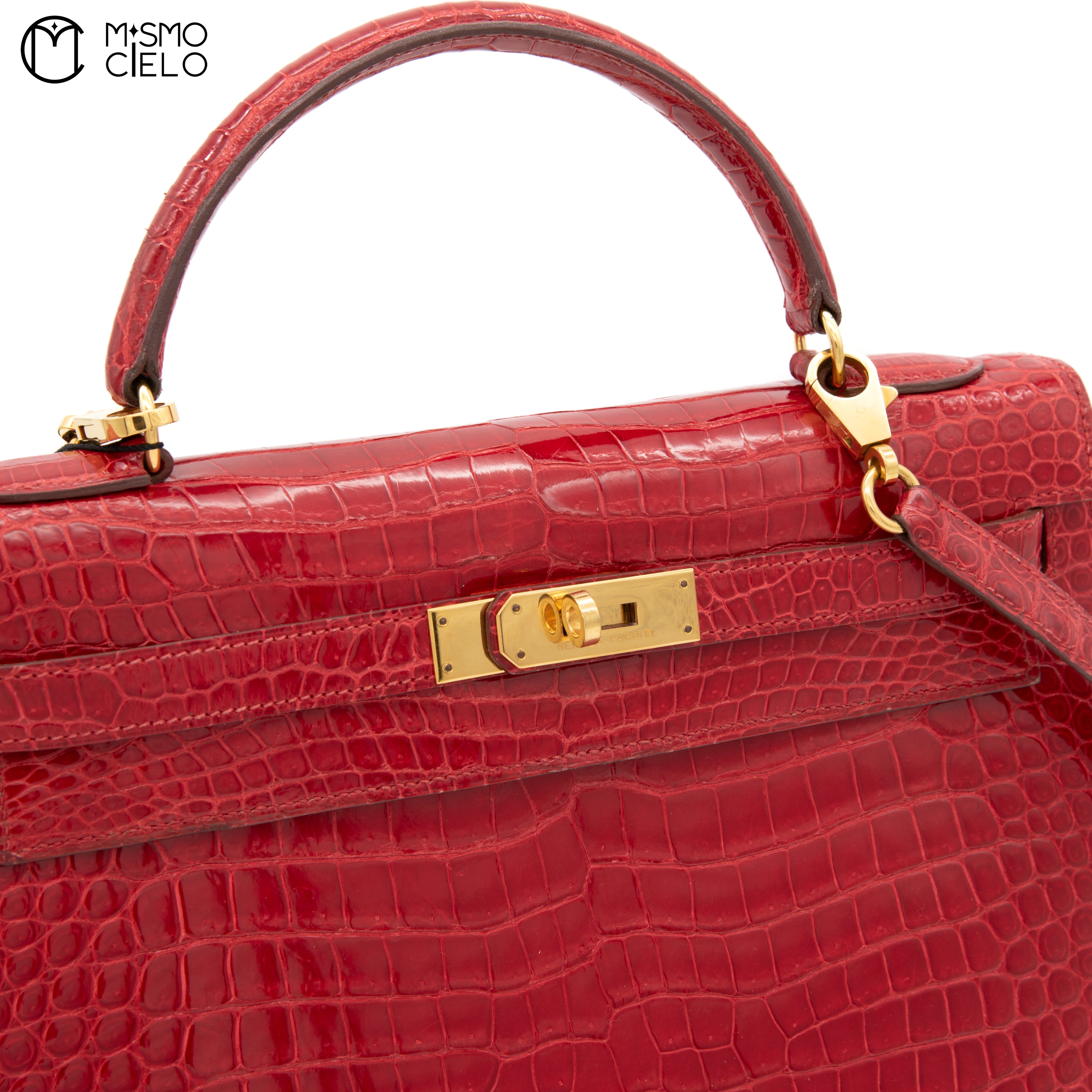 Kelly 32 Porosus Red Blaze and Gold Metallic Crocodile Bag O Y series (Authenticated)