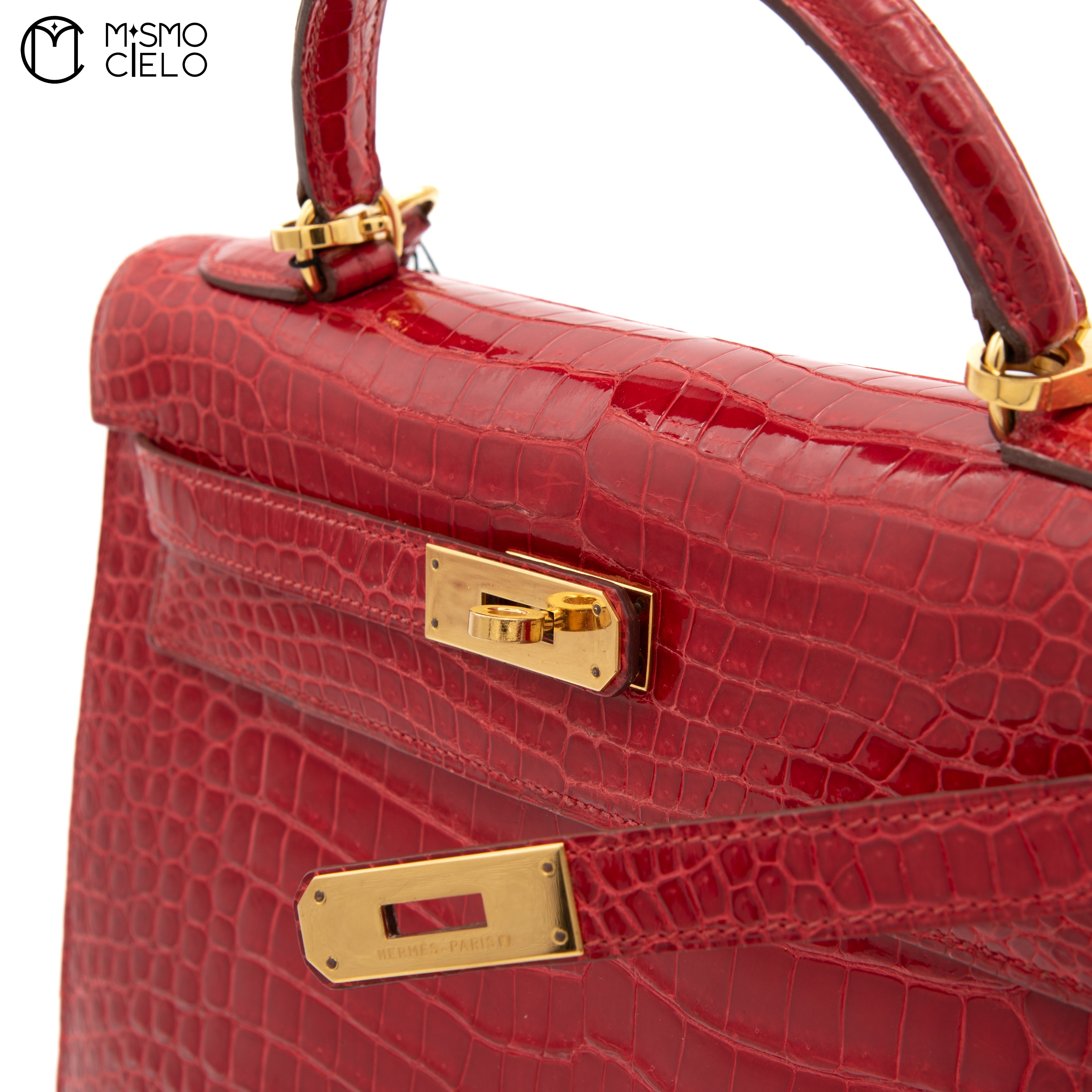 Kelly 32 Porosus Red Blaze and Gold Metallic Crocodile Bag O Y series (Authenticated)