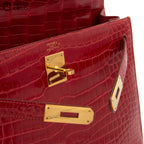 Kelly 32 Porosus Red Blaze and Gold Metallic Crocodile Bag O Y series (Authenticated)