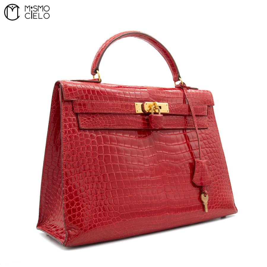 Kelly 32 Sellier Braise Porosus Crocodile Handbag