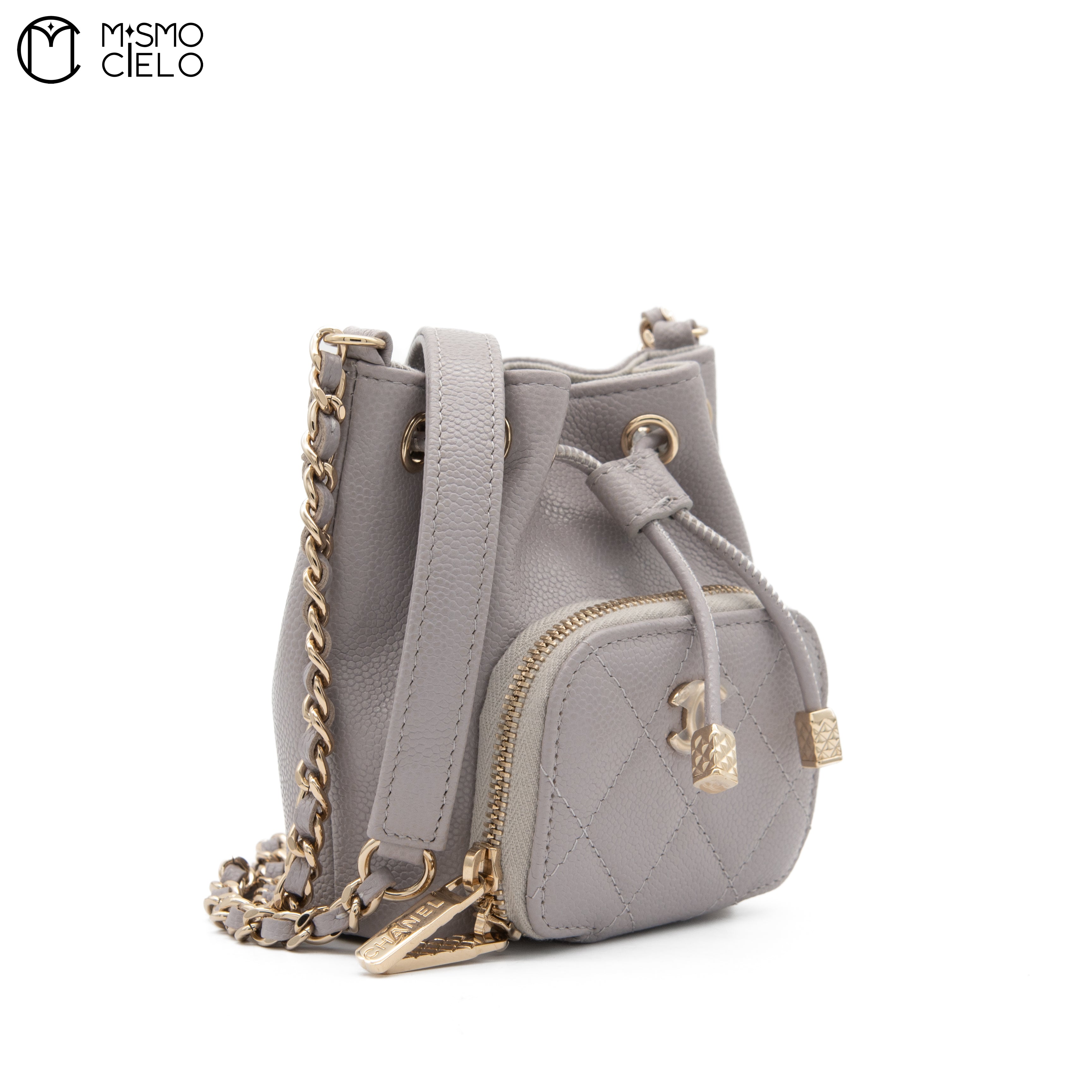 Leather Drawstring Grey Bucket Pouch