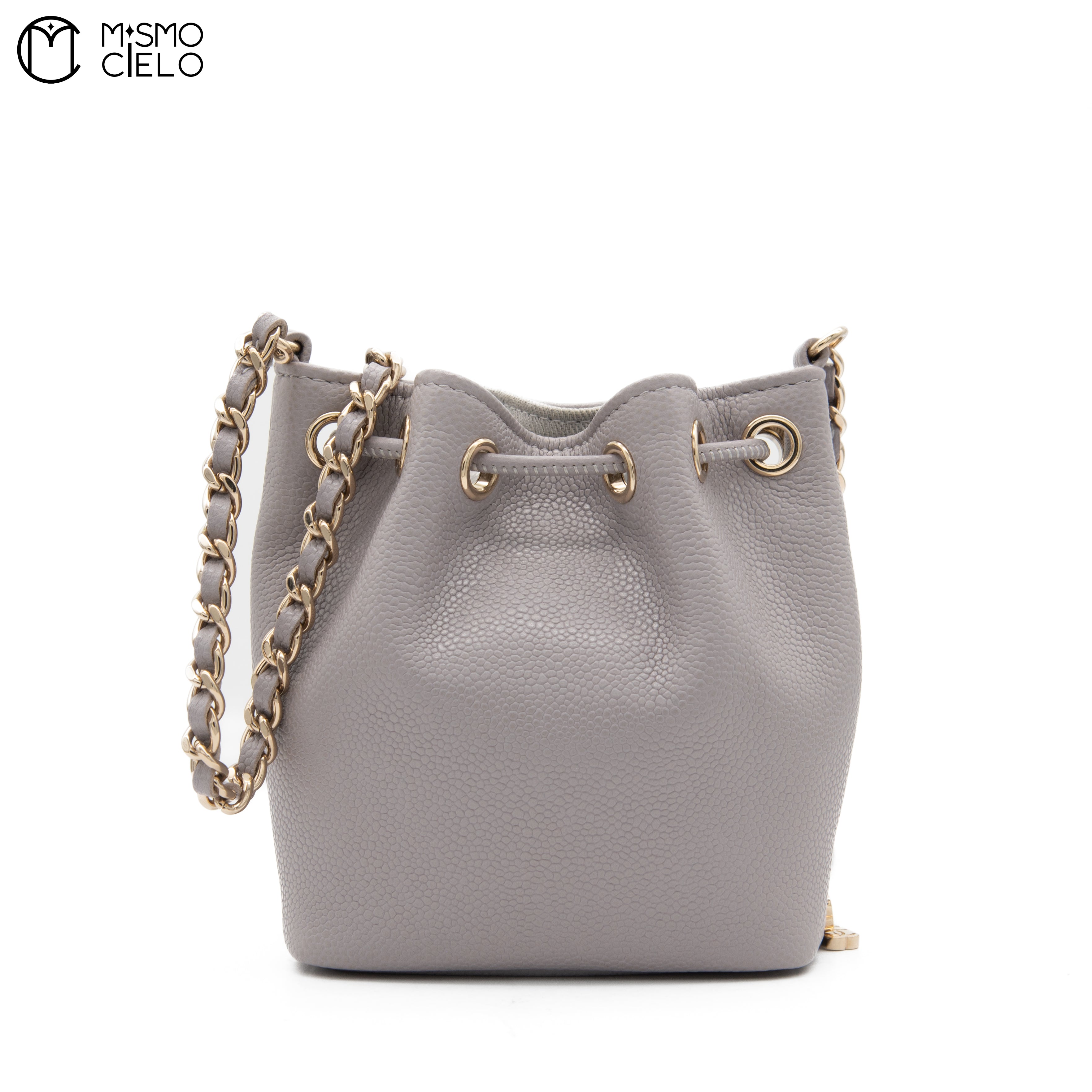 Leather Drawstring Grey Bucket Pouch