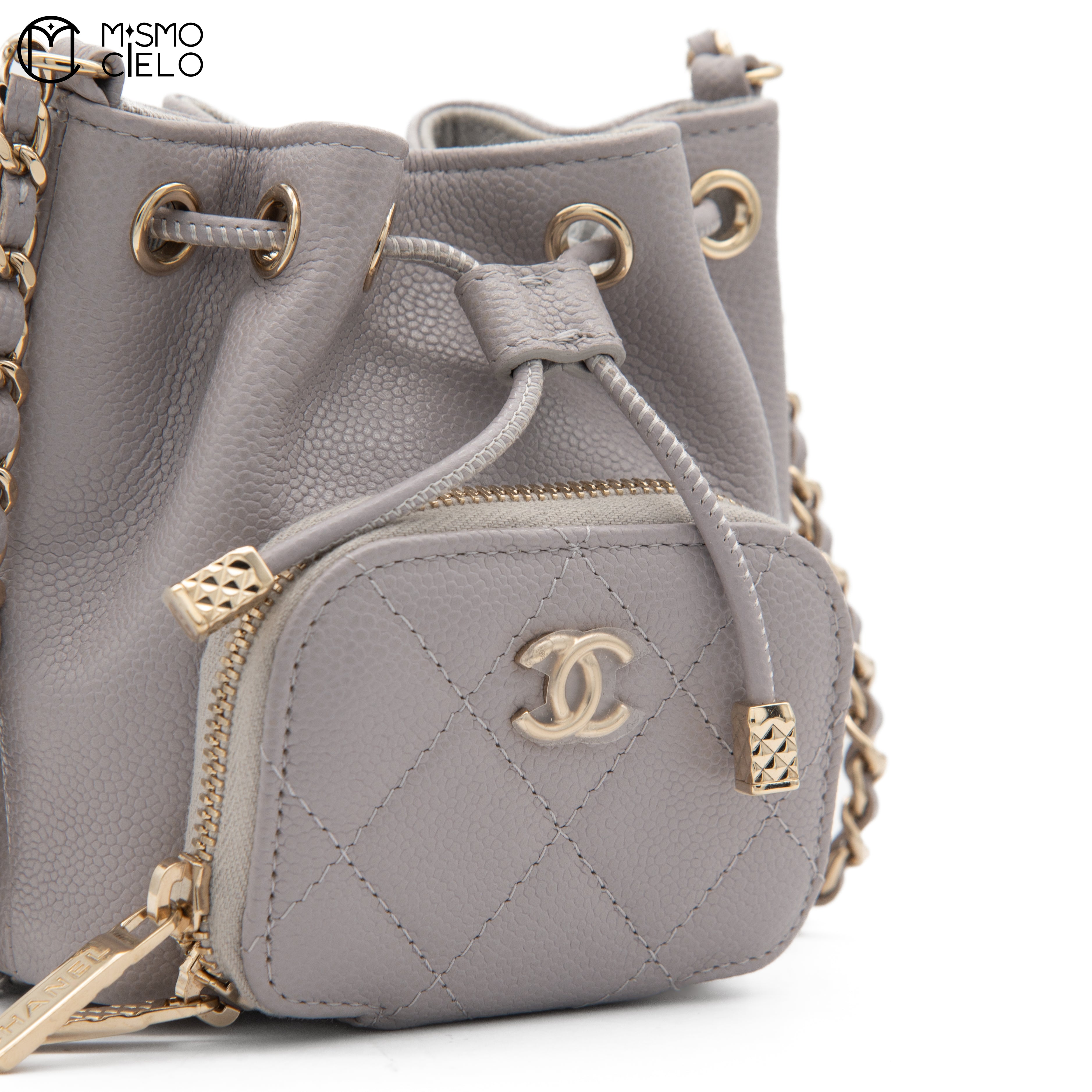 Leather Drawstring Grey Bucket Pouch