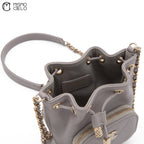 Leather Drawstring Grey Bucket Pouch