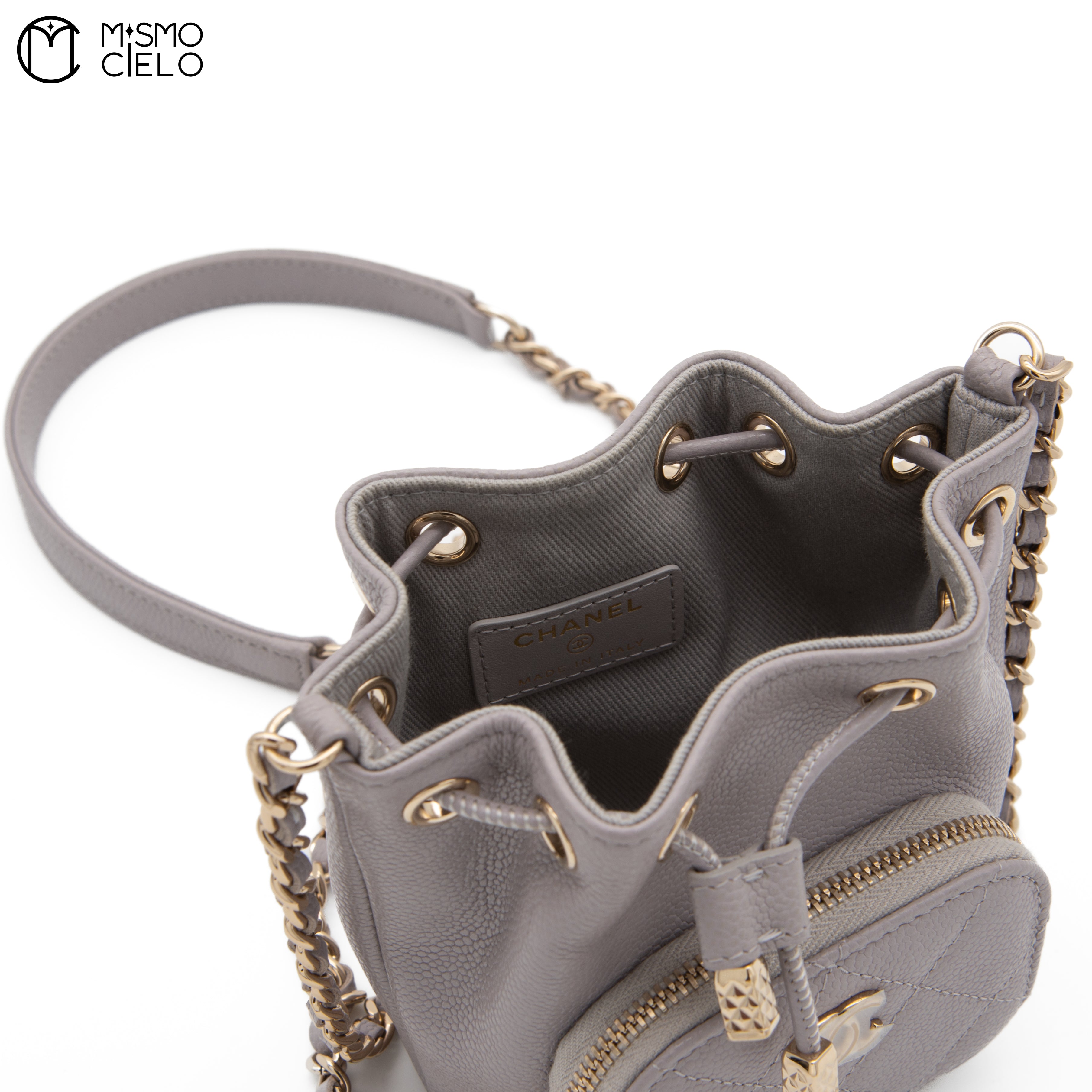 Leather Drawstring Grey Bucket Pouch