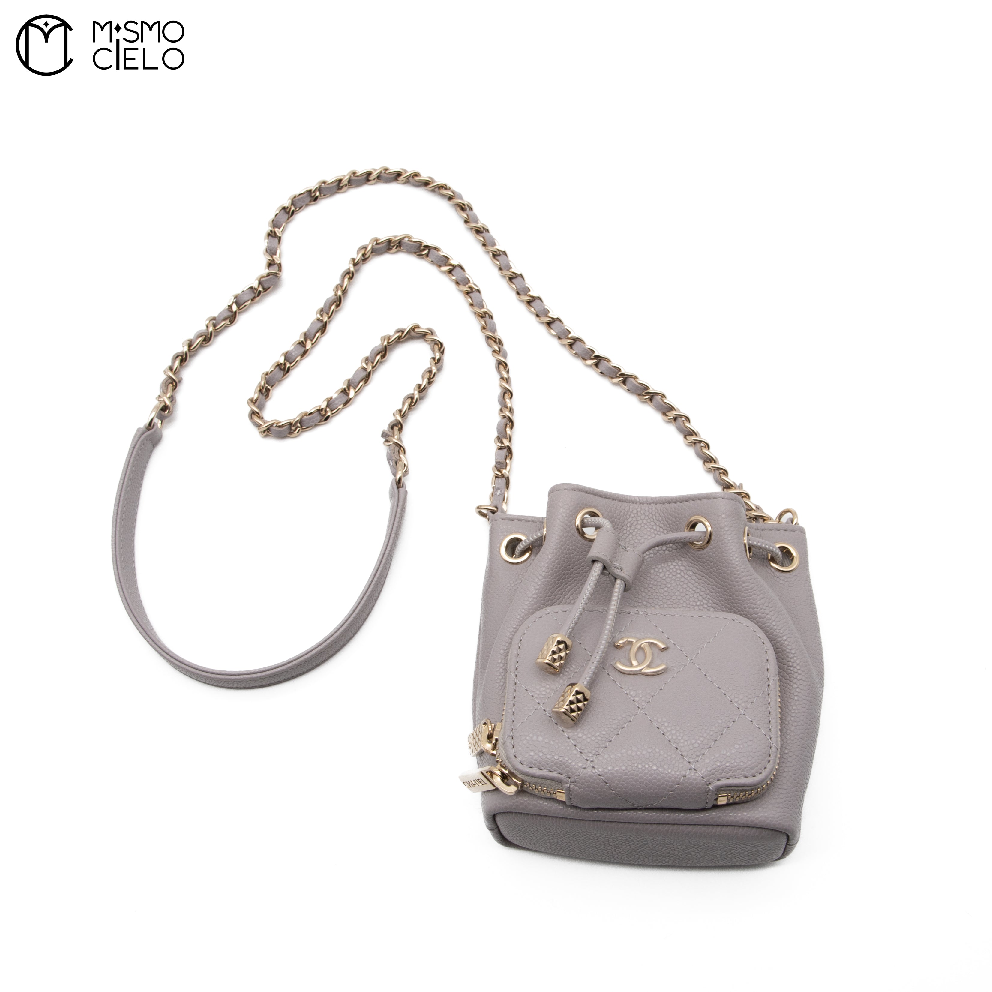 Leather Drawstring Grey Bucket Pouch