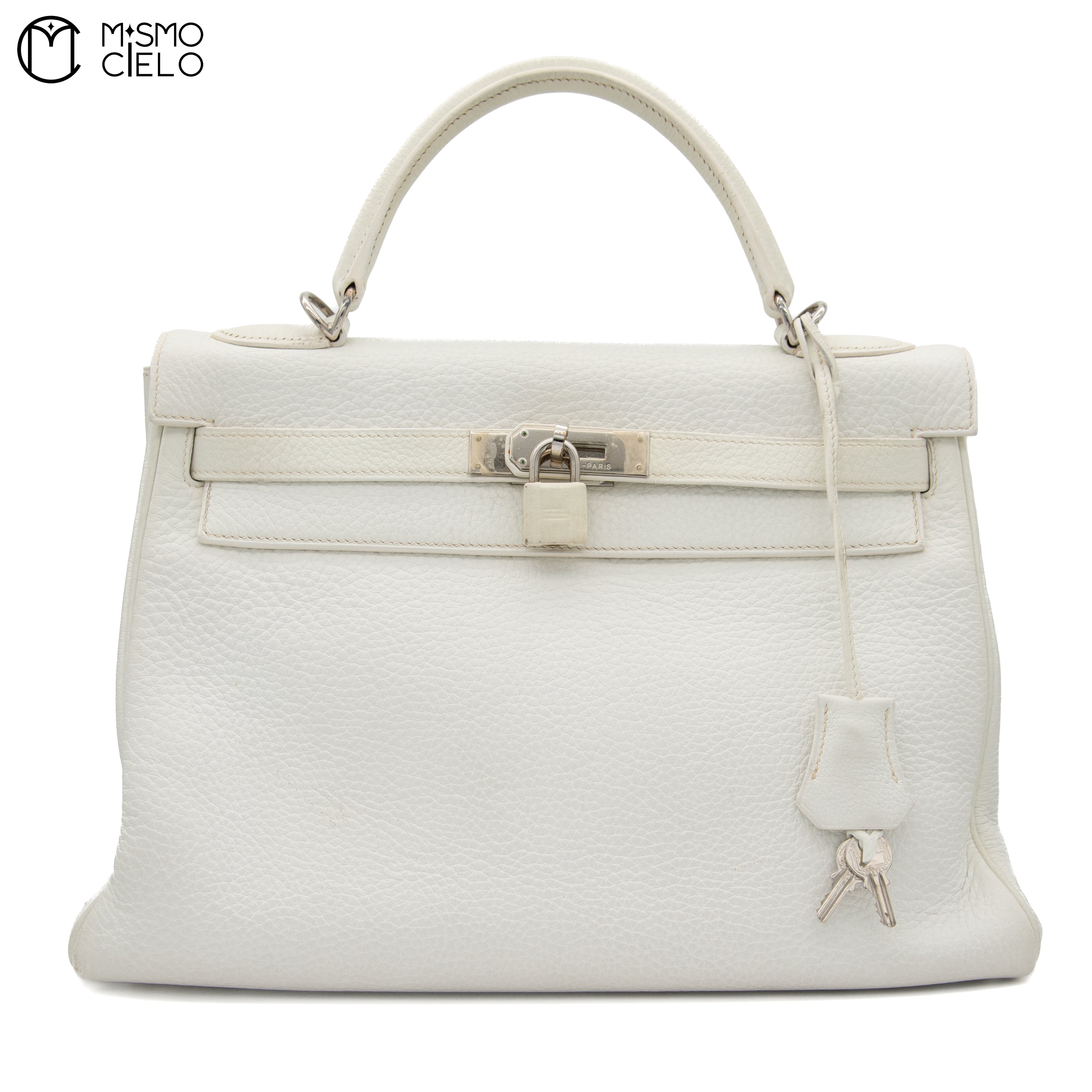 Authenticated Kelly 32 Clemence White Square F Engraved