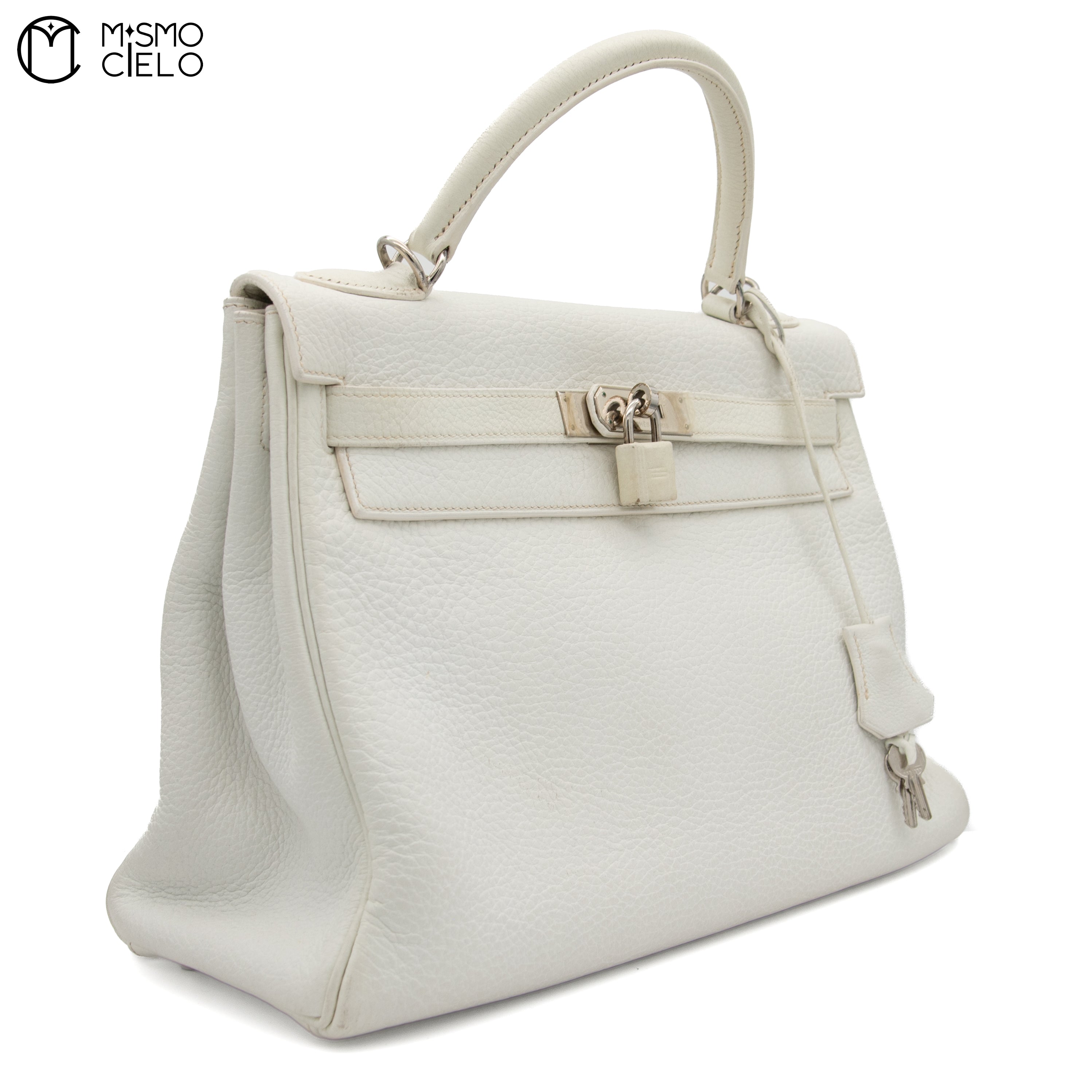 Authenticated Kelly 32 Clemence White Square F Engraved