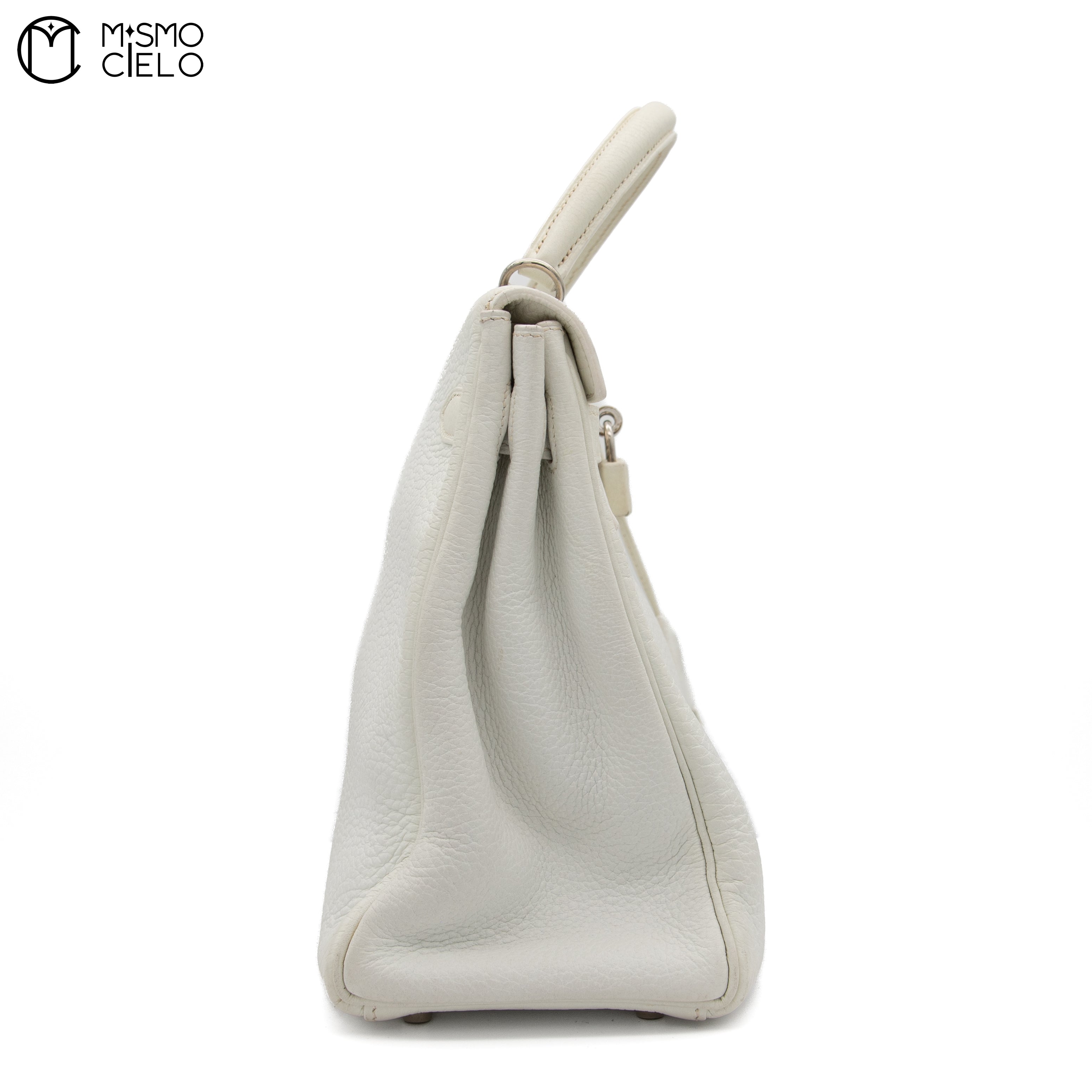 Authenticated Kelly 32 Clemence White Square F Engraved