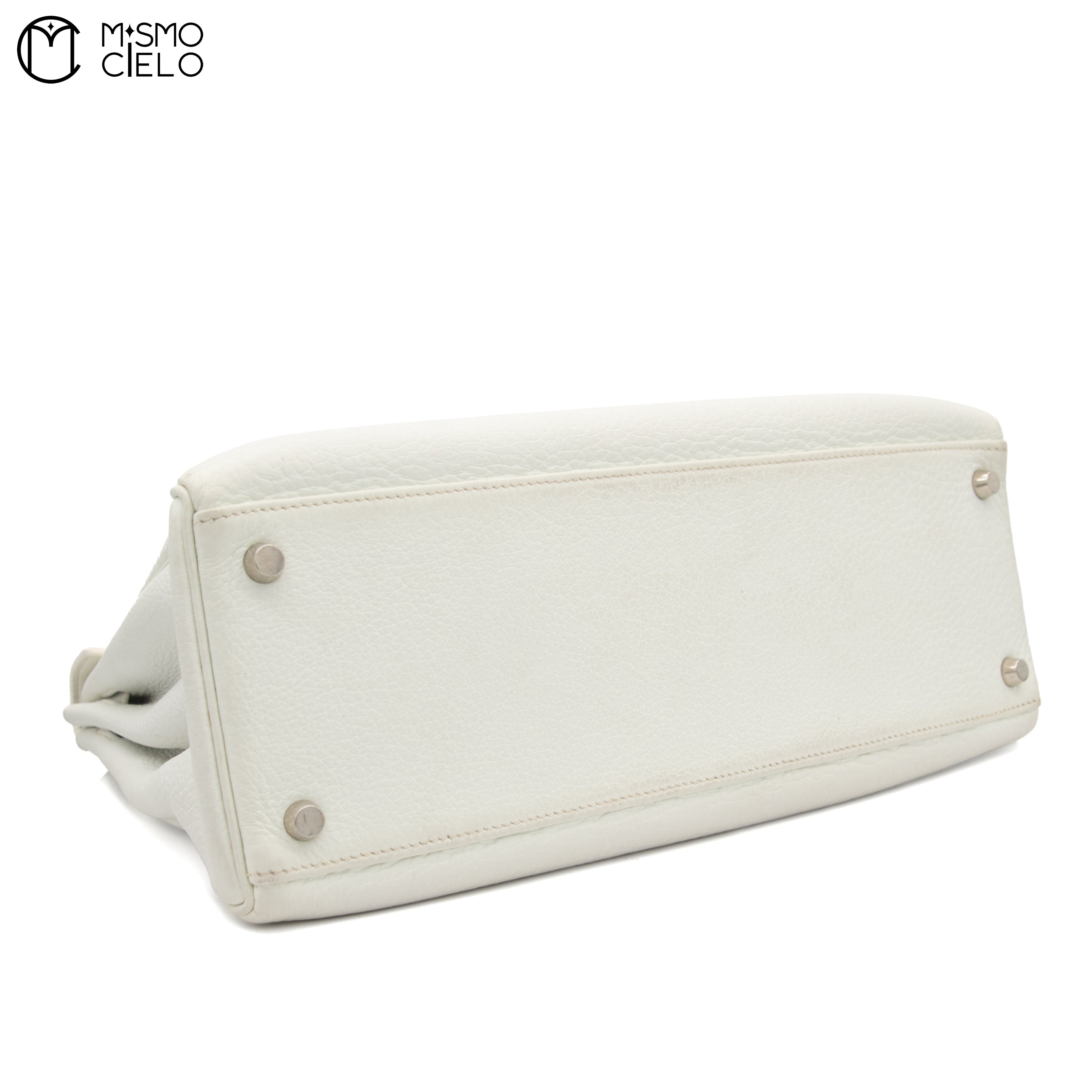 Authenticated Kelly 32 Clemence White Square F Engraved