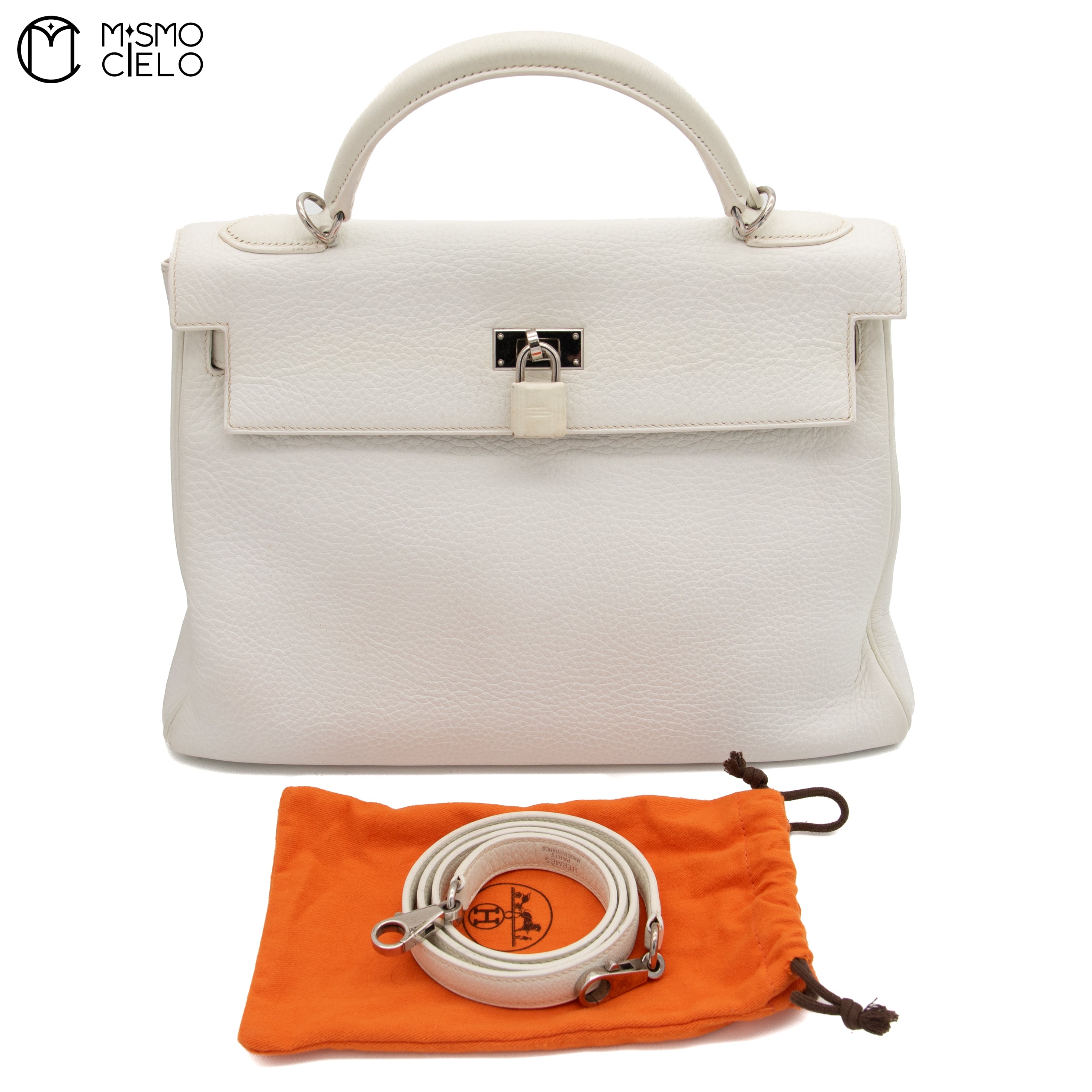 Authenticated Kelly 32 Clemence White Square F Engraved