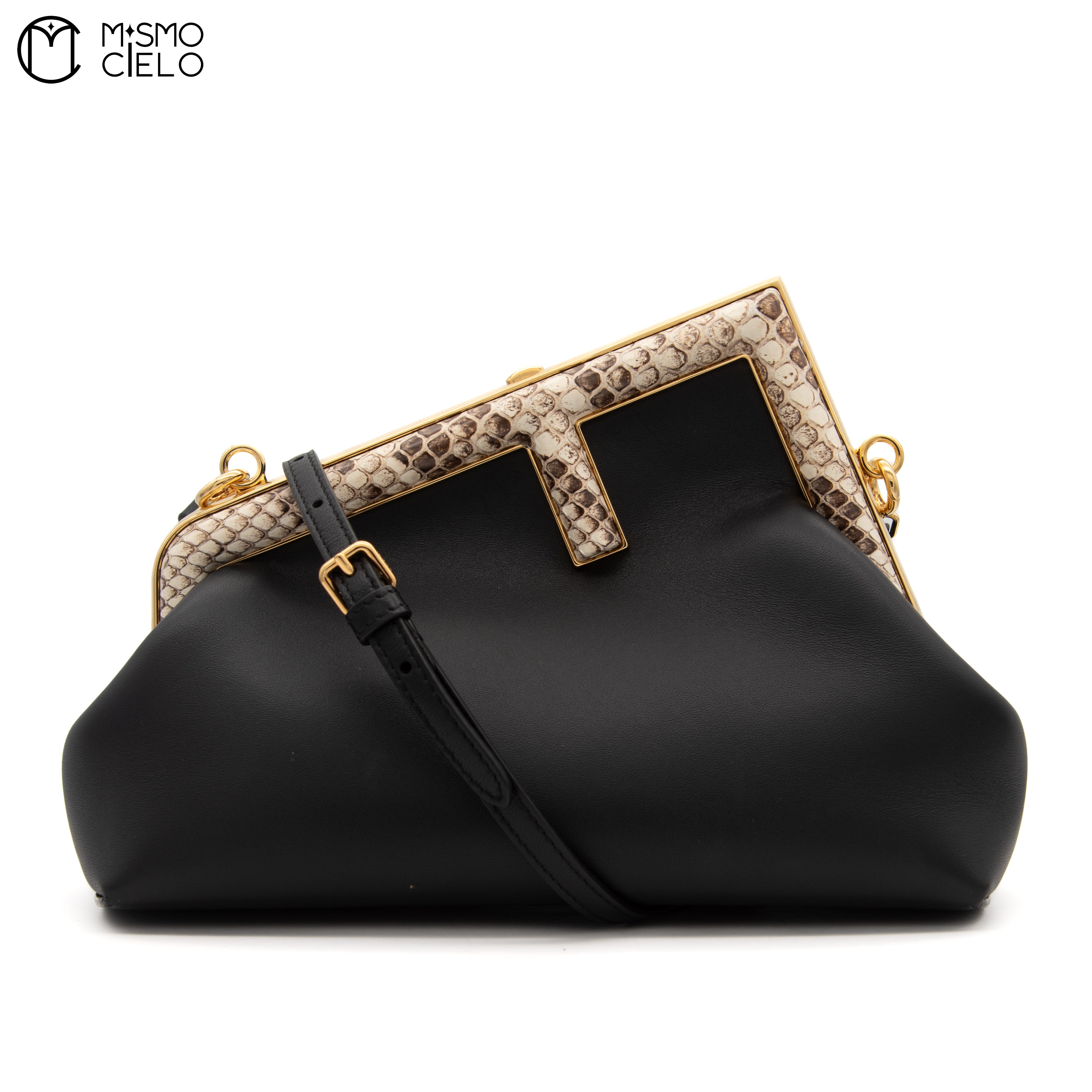 Pochette Fendi First 8BP129 Lamb Leather and Python Black Shoulder Bag
