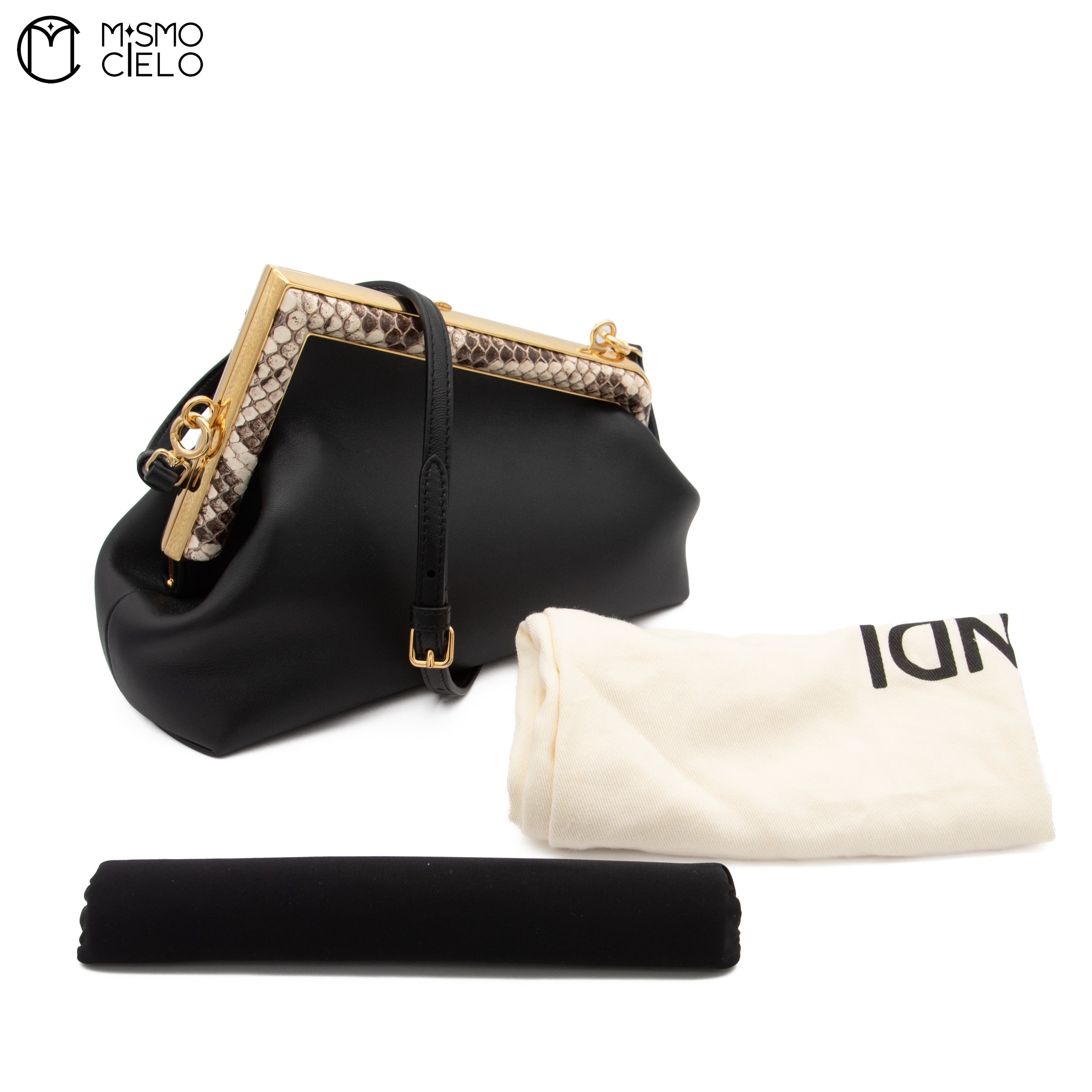 Pochette Fendi First 8BP129 Lamb Leather and Python Black Shoulder Bag