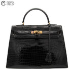 Authenticated Kelly 32 Noir Crocodile Handbag T series