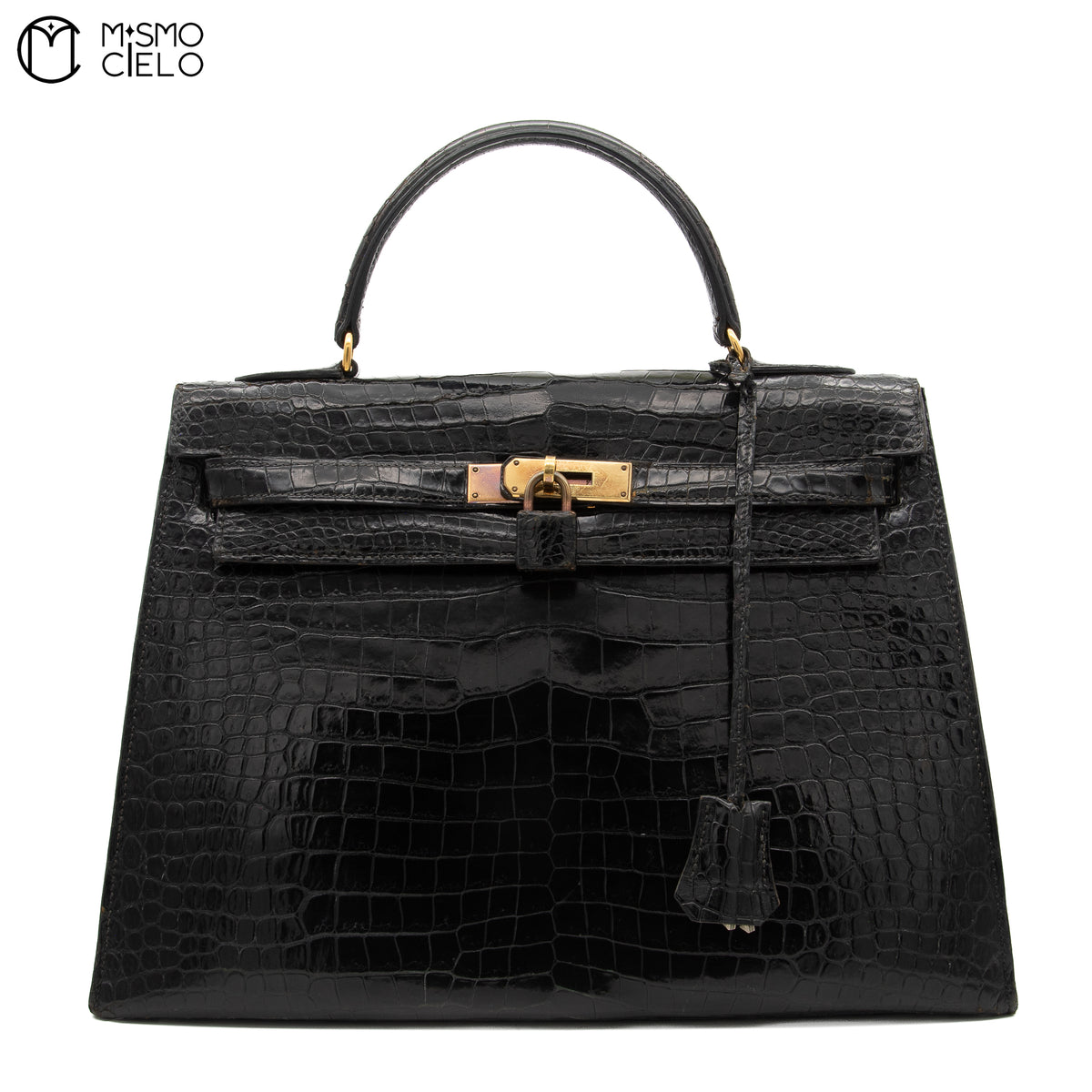 Authenticated Kelly 32 Noir Crocodile Handbag T series
