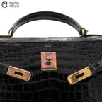Authenticated Kelly 32 Noir Crocodile Handbag T series