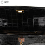 Authenticated Kelly 32 Noir Crocodile Handbag T series
