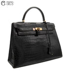 Authenticated Kelly 32 Noir Crocodile Handbag T series