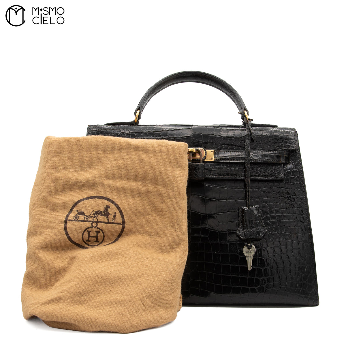 Authenticated Kelly 32 Noir Crocodile Handbag T series