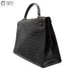 Authenticated Kelly 32 Noir Crocodile Handbag T series