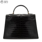 Authenticated Kelly 32 Noir Crocodile Handbag T series