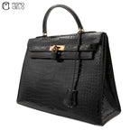 Authenticated Kelly 32 Noir Crocodile Handbag T series