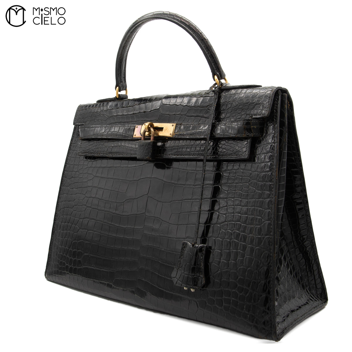 Authenticated Kelly 32 Noir Crocodile Handbag T series