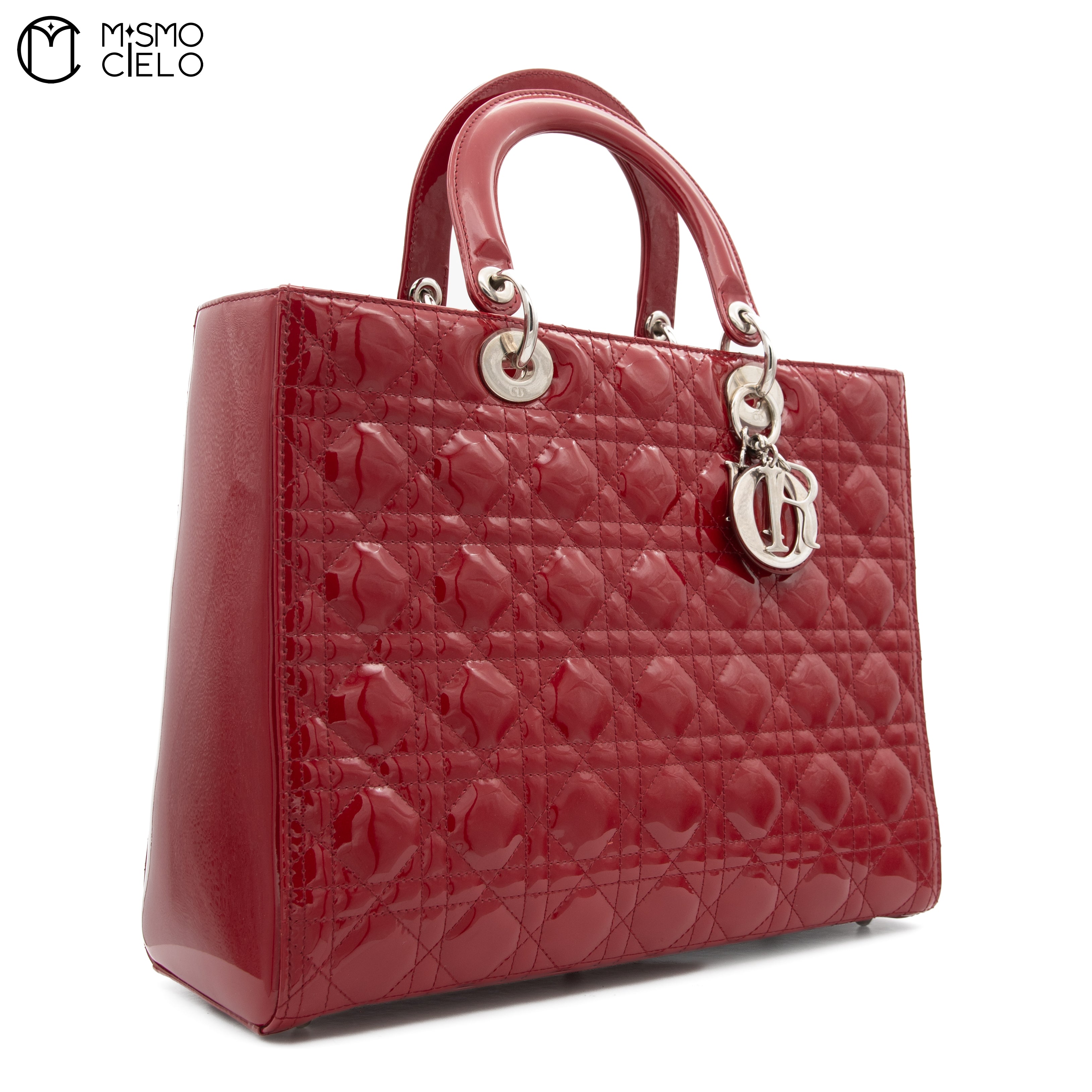 Large Lady Dior Cannage Enamel 2WAY Burgundy Shoulder Bag