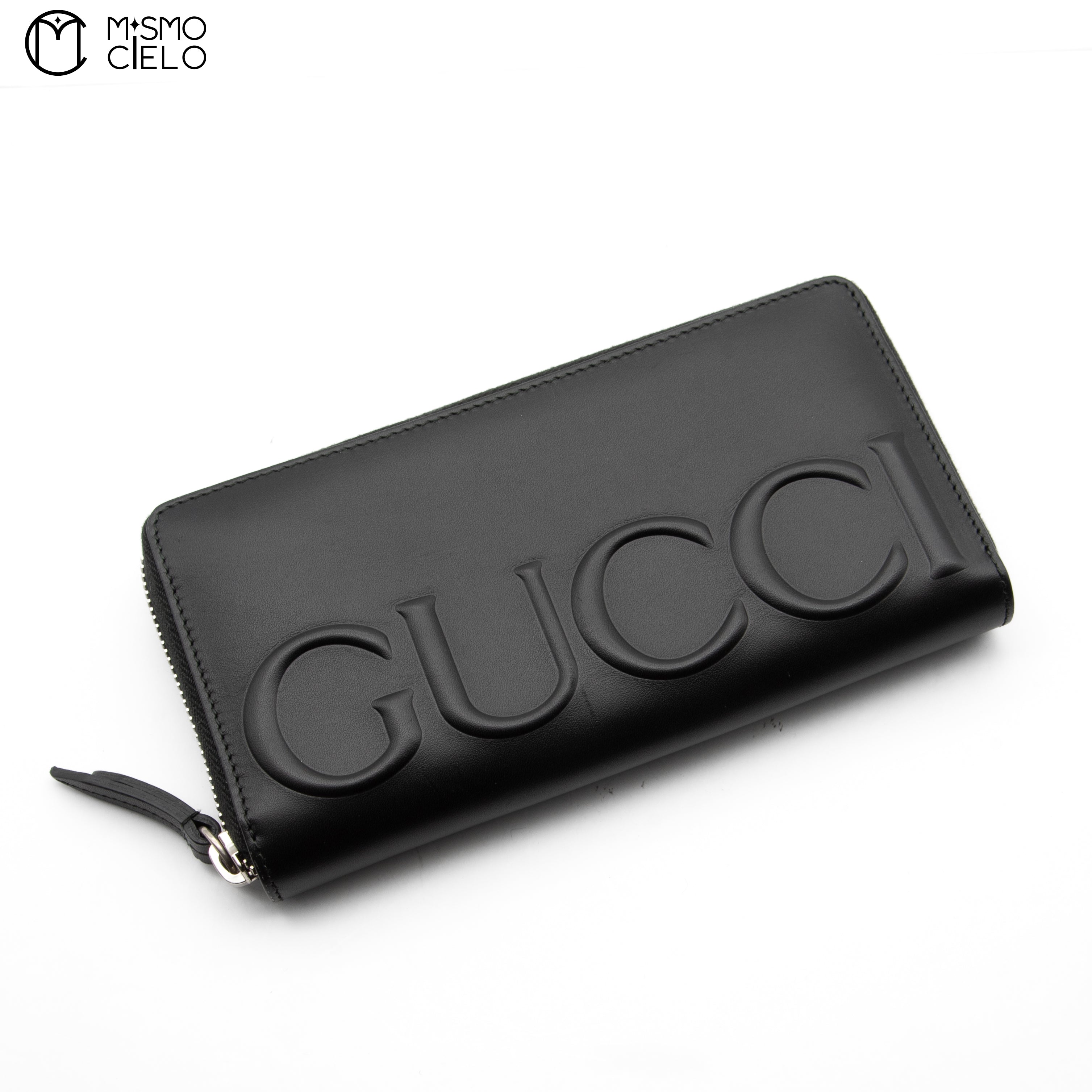 GUCCI Black Leather Embossed Logo Round Zip Wallet * ^