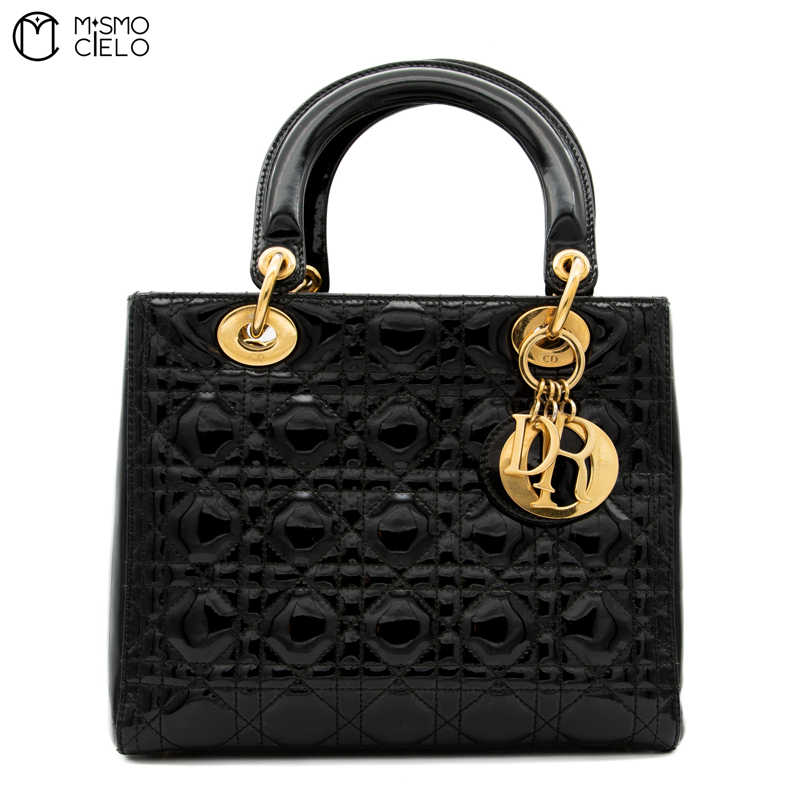 CHRISTIAN DIOR Lady Dior Cannage Black Enamel Shoulder Bag