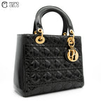 CHRISTIAN DIOR Lady Dior Cannage Black Enamel Shoulder Bag