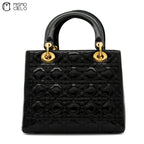 CHRISTIAN DIOR Lady Dior Cannage Black Enamel Shoulder Bag