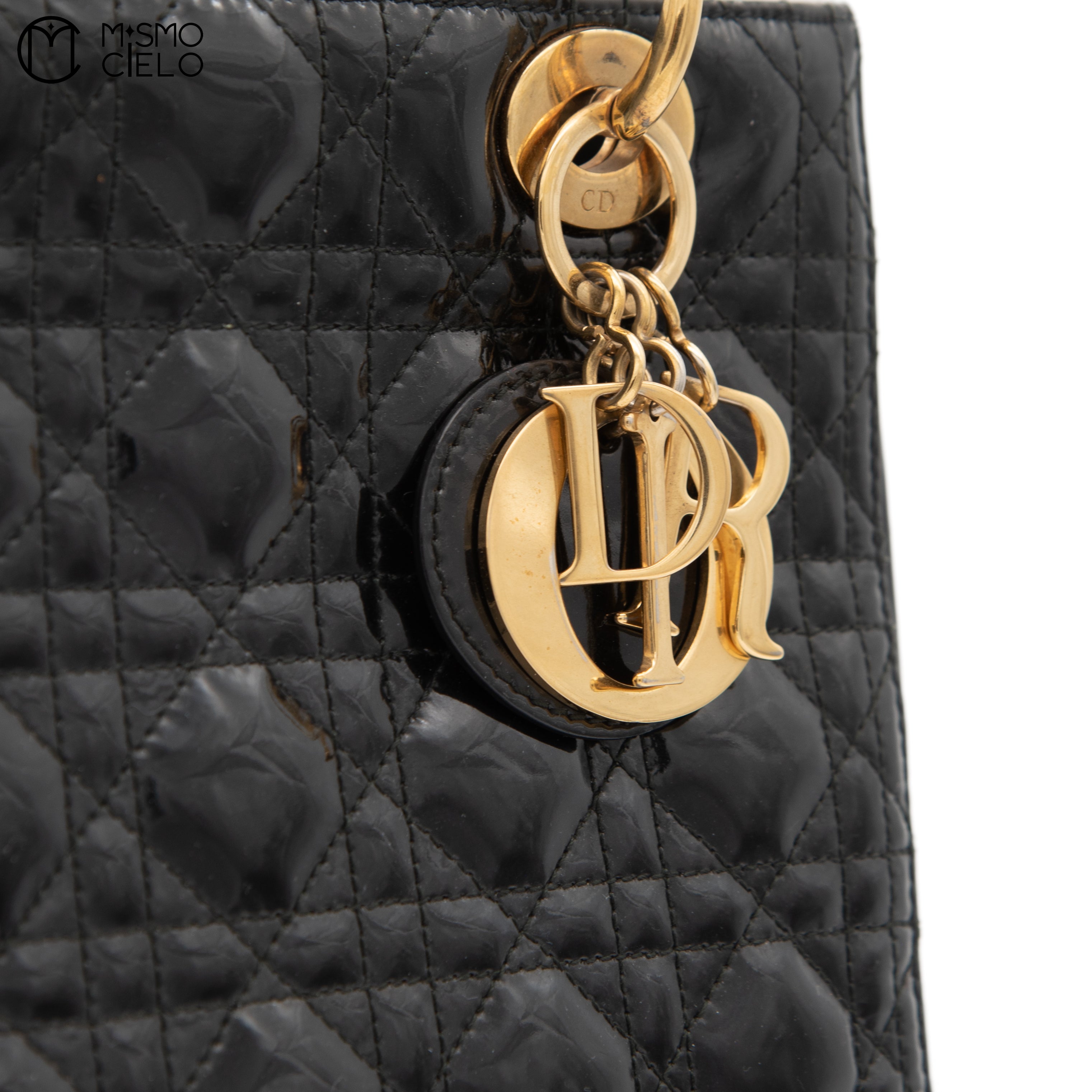 CHRISTIAN DIOR Lady Dior Cannage Black Enamel Shoulder Bag