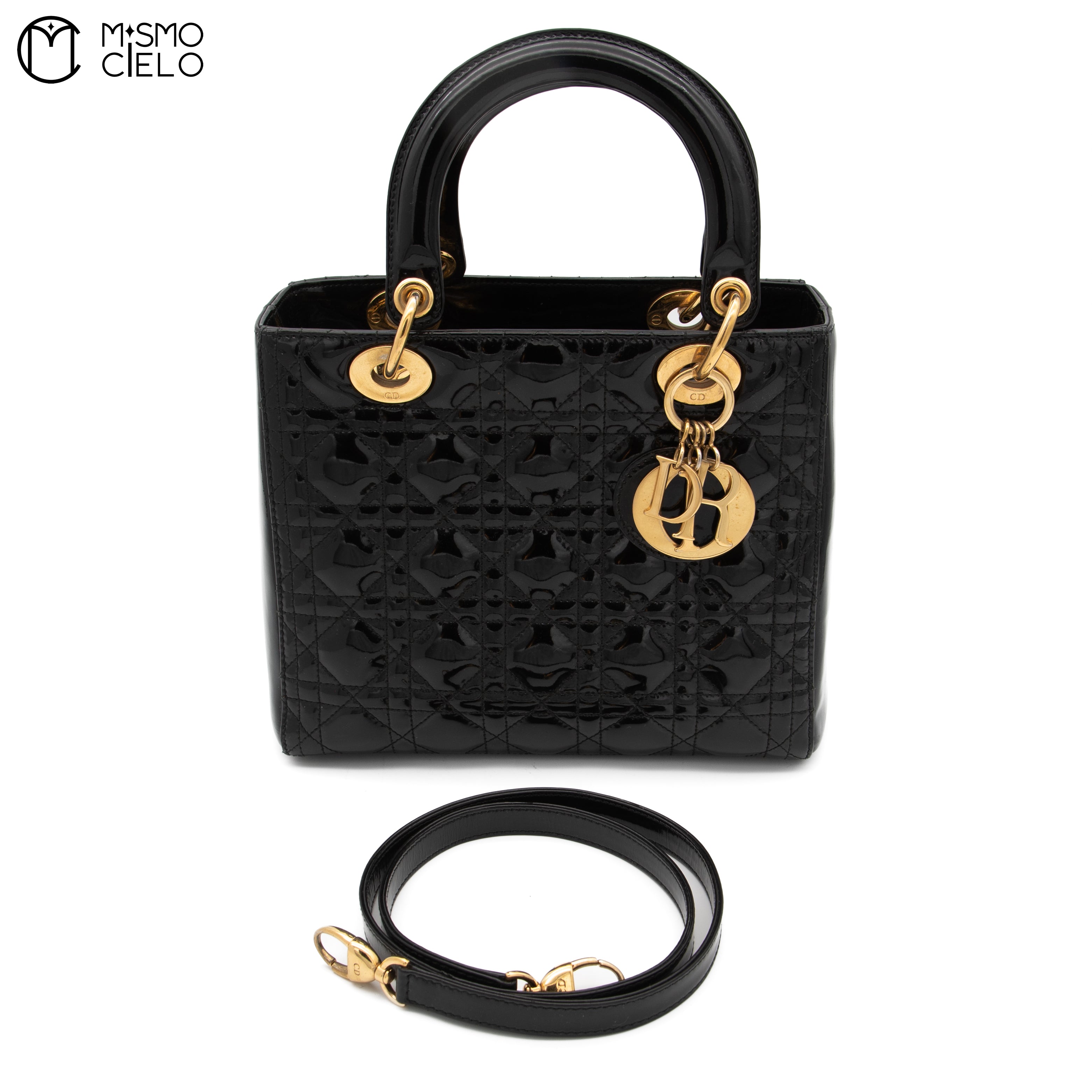 CHRISTIAN DIOR Lady Dior Cannage Black Enamel Shoulder Bag