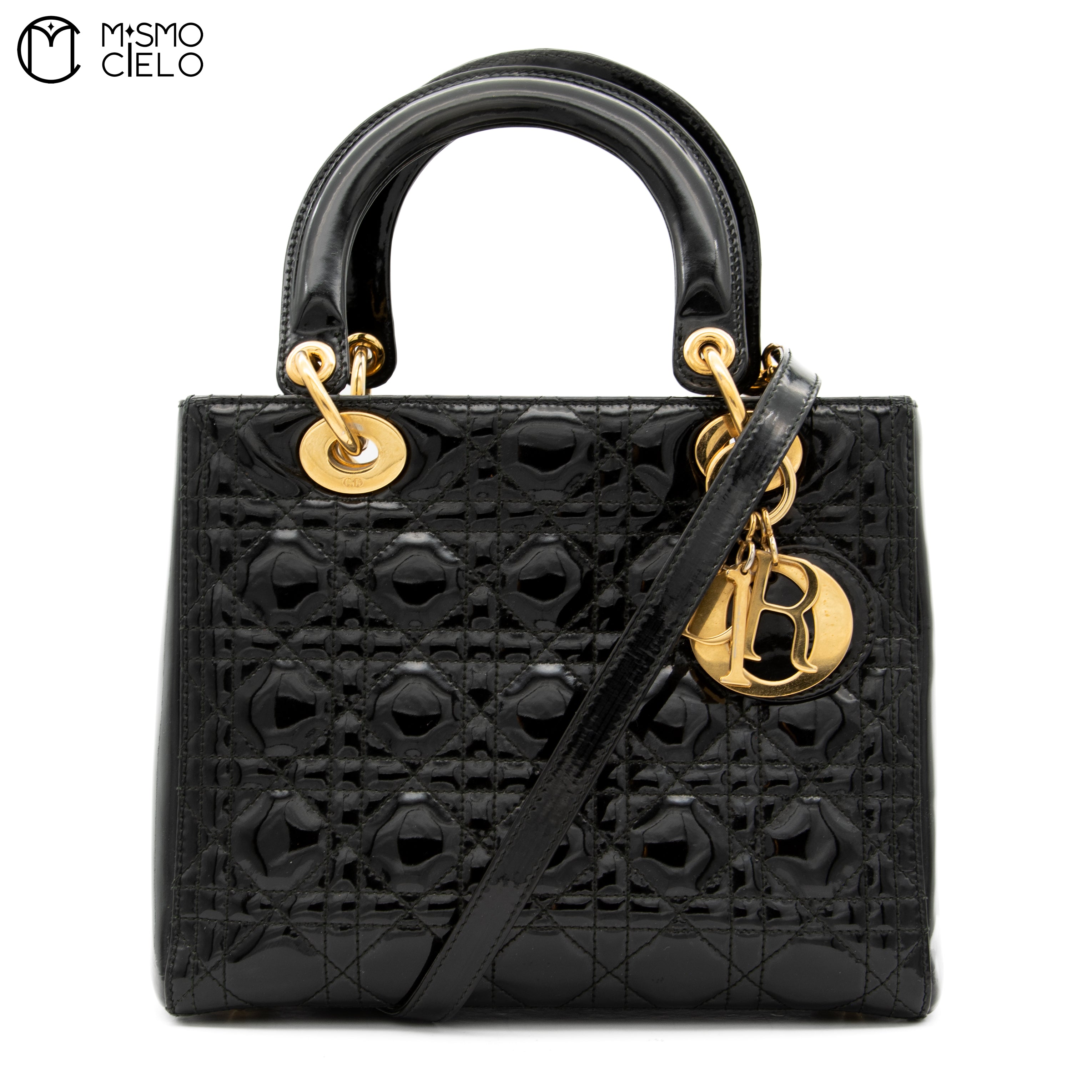 CHRISTIAN DIOR Lady Dior Cannage Black Enamel Shoulder Bag