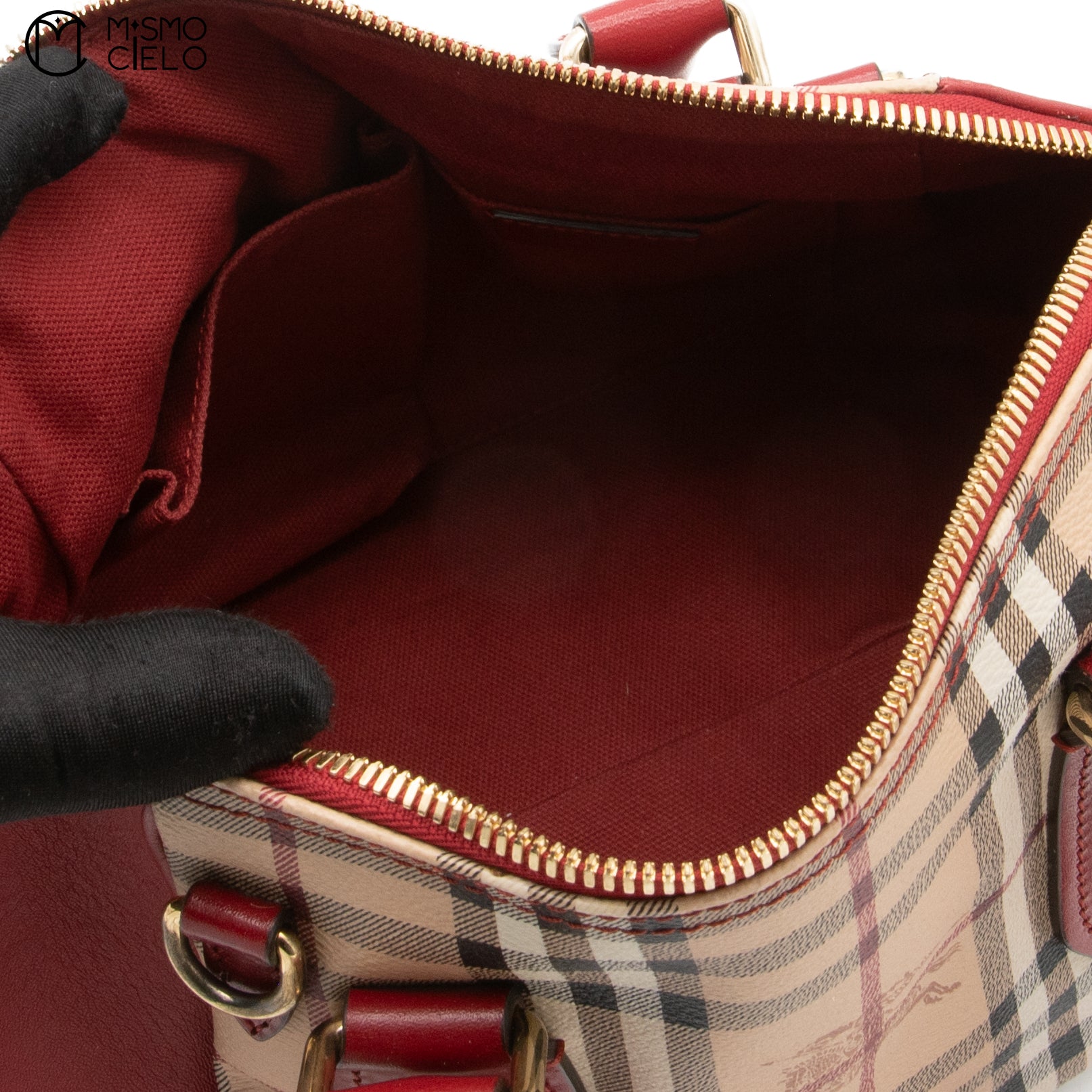 BURBERRY Red and Nova Check Shadow Horse Handbag