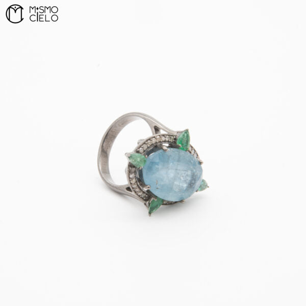 Silver 5.85 Ct Aquamarine Emerald and Diamond Ring