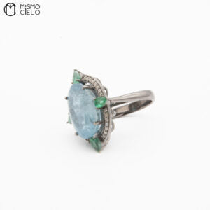 Silver 5.85 Ct Aquamarine Emerald and Diamond Ring
