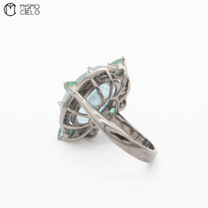 Silver 5.85 Ct Aquamarine Emerald and Diamond Ring