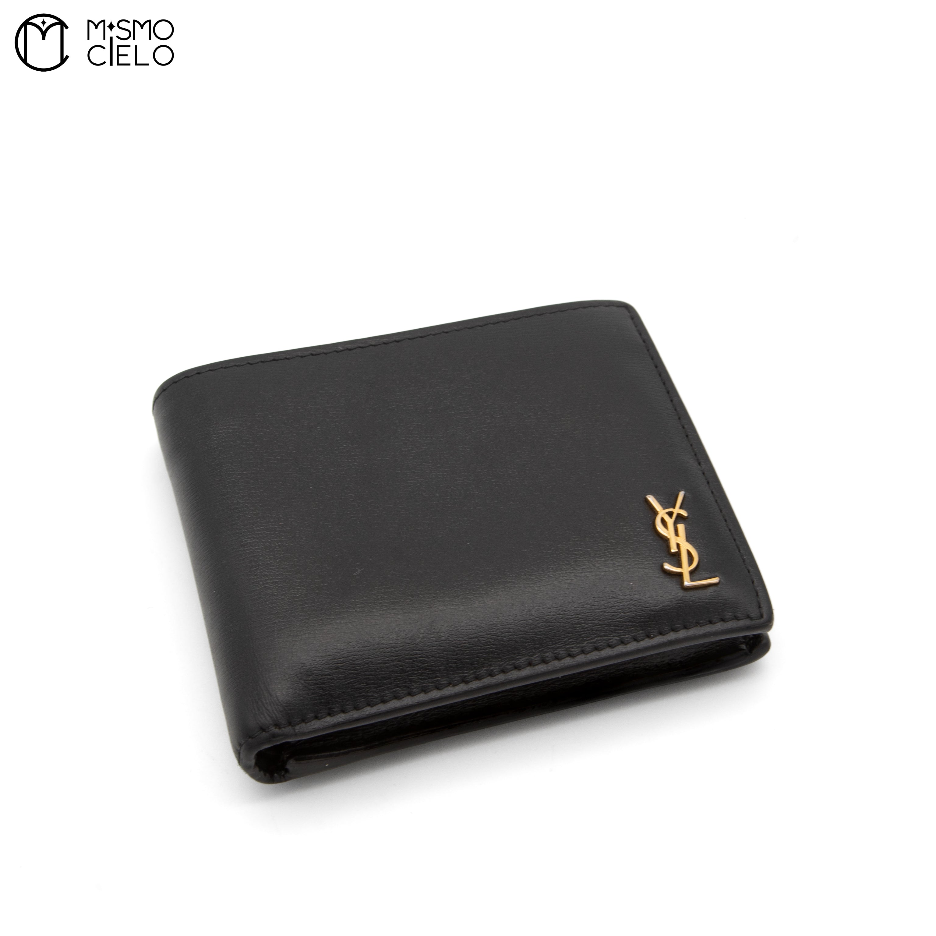 YVES SAINT LAURENT Black Bi-fold Wallet with Gold Logo *