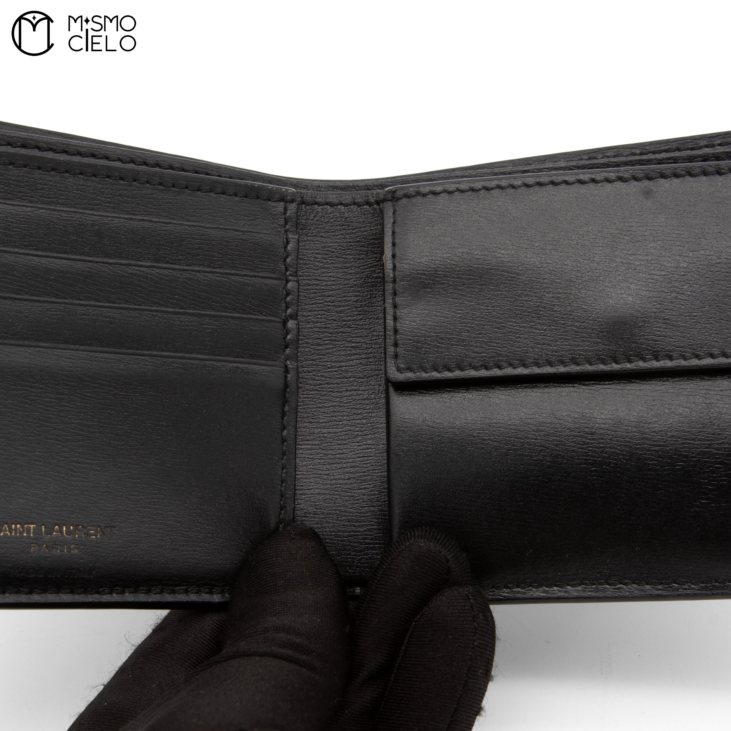 YVES SAINT LAURENT Black Bi-fold Wallet with Gold Logo *