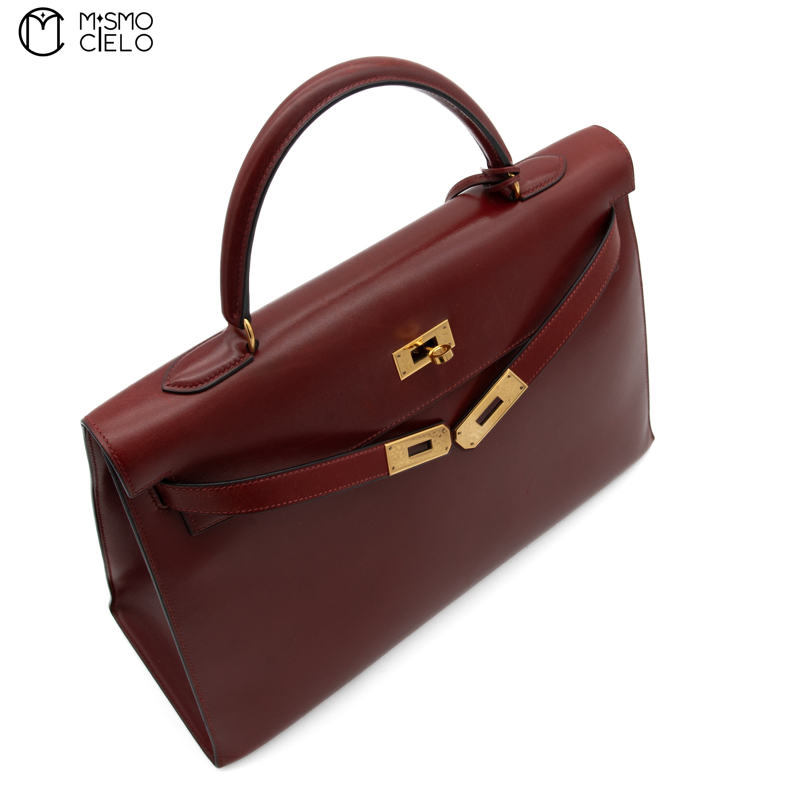 HERMES Authenticated Rouge Ash Kelly 35 Box Calf A Engraved Handbag