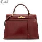 HERMES Authenticated Rouge Ash Kelly 35 Box Calf A Engraved Handbag