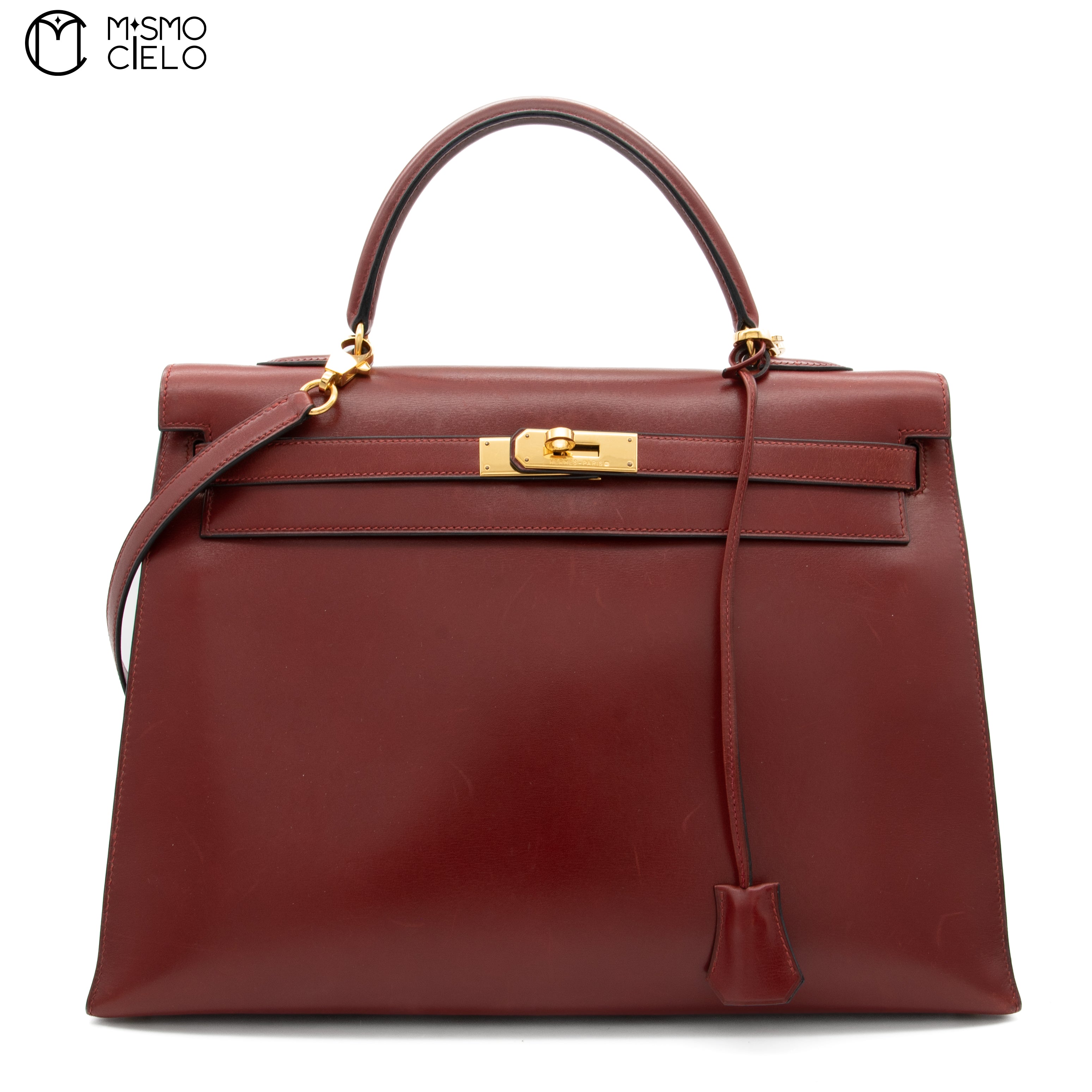 HERMES Authenticated Rouge Ash Kelly 35 Box Calf A Engraved Handbag