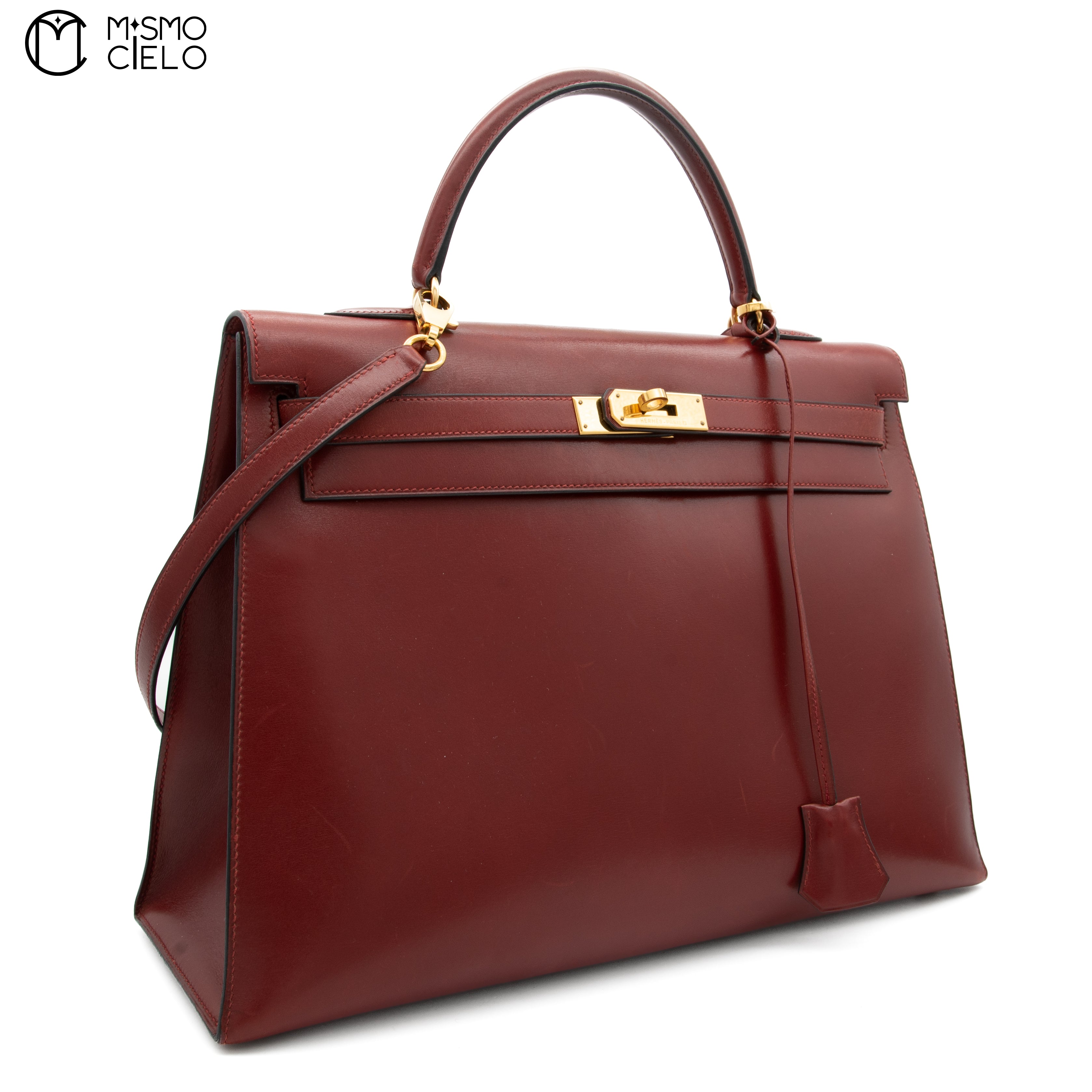 HERMES Authenticated Rouge Ash Kelly 35 Box Calf A Engraved Handbag